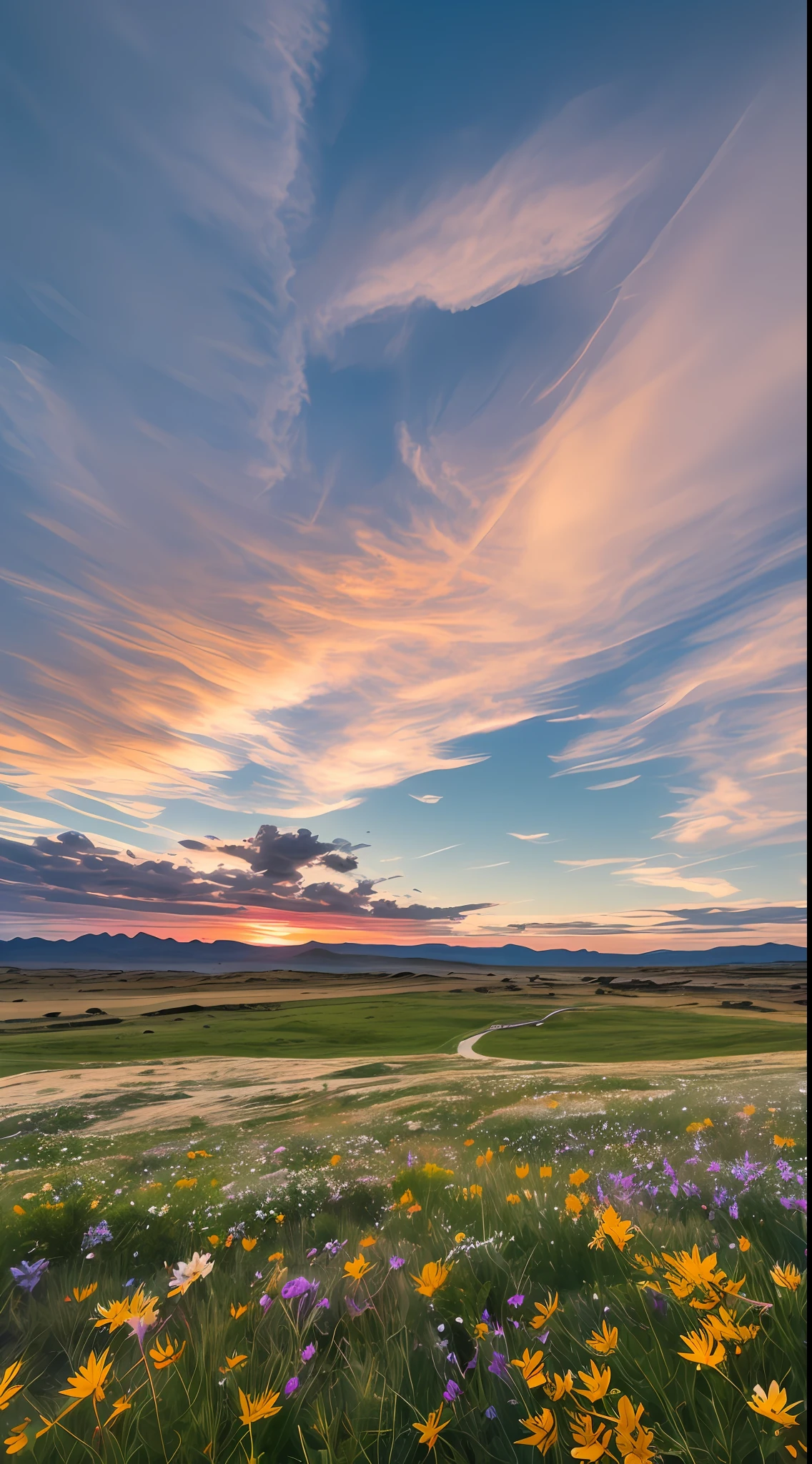 Sea, sea, sea, beach, grassland, wildflowers, desert, distant snowy mountains, sea of clouds, sky, large stretching clouds, sunset, light penetrating clouds to the ground, wide-angle lens shooting