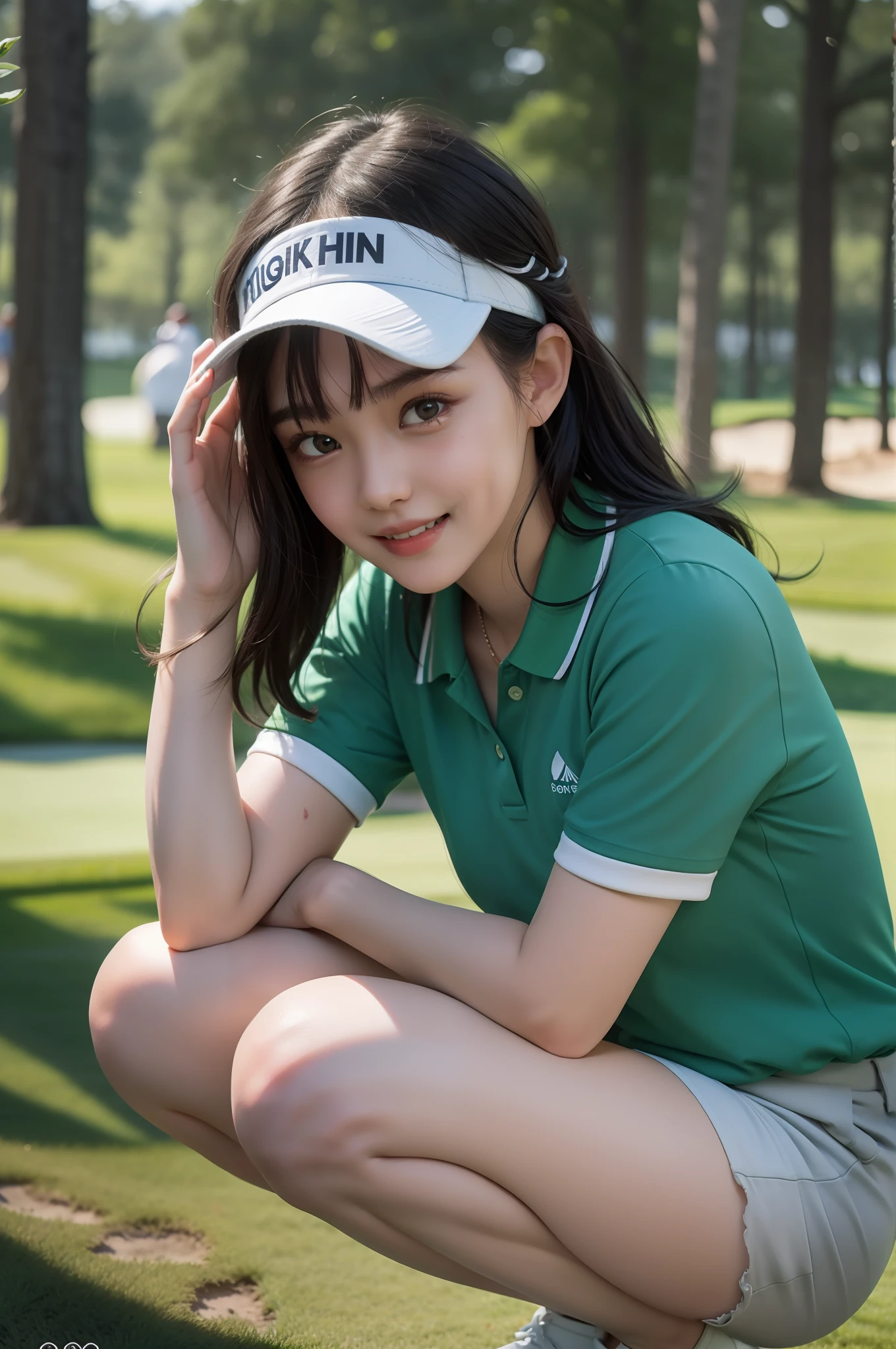 top quality, masterpiece, cinematic lighting, girl, black hair, dark eyes, small breasts, small buttocks, golf course, squatting on green, polo shirt, sun visor, shorts, smile