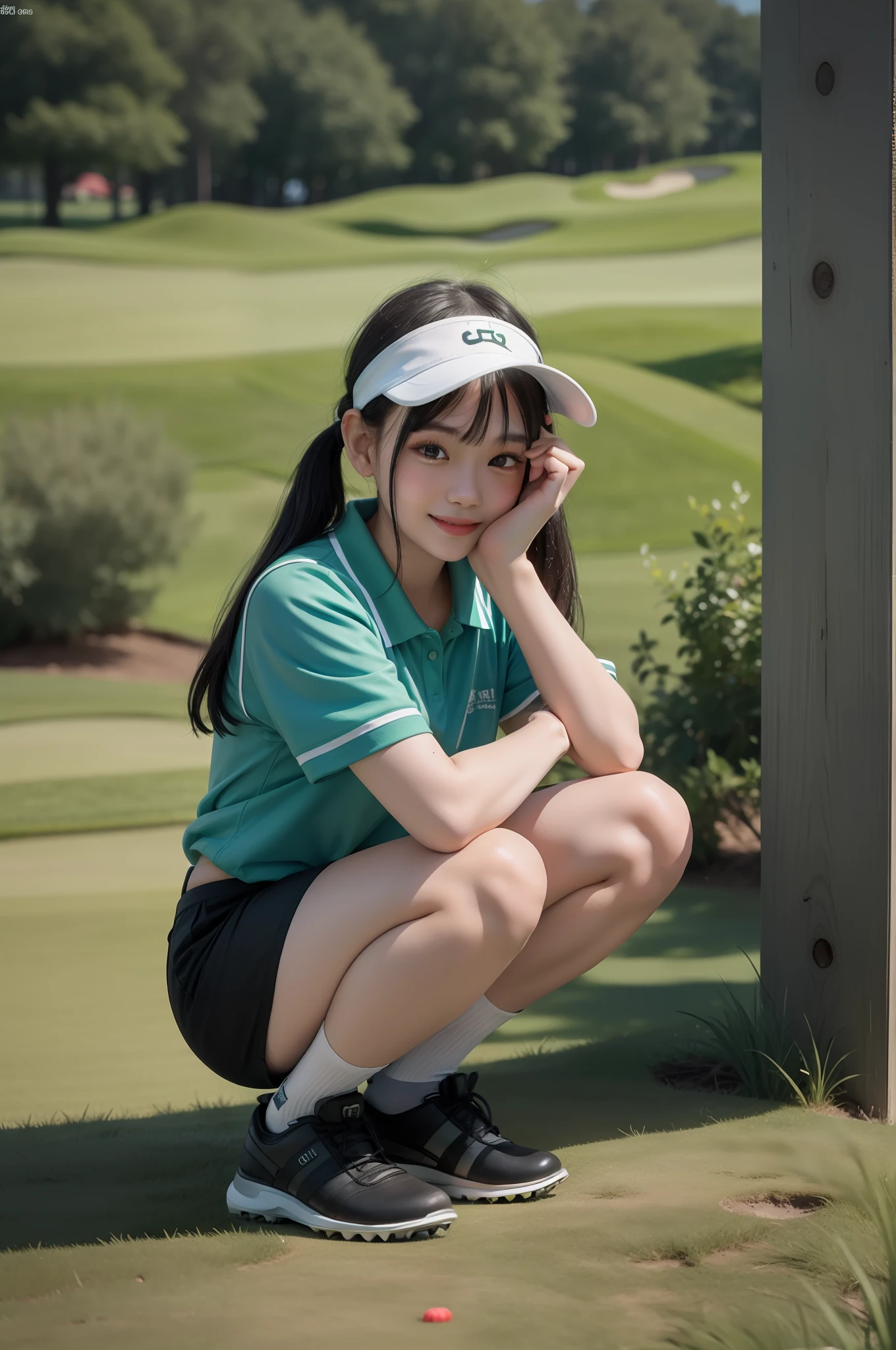 top quality, masterpiece, cinematic lighting, girl, black hair, dark eyes, small breasts, small buttocks, golf course, squatting on green, polo shirt, sun visor, shorts, smile