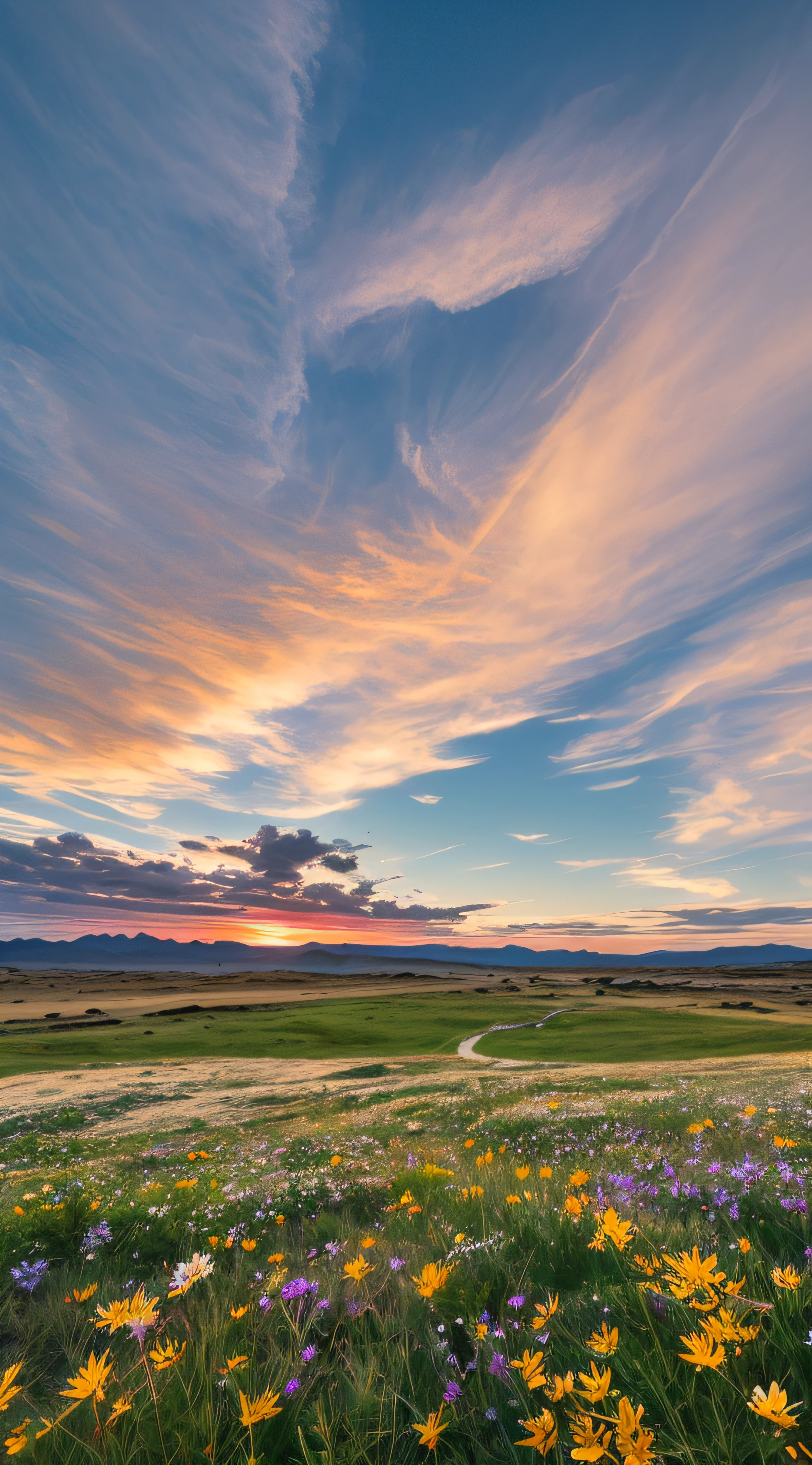 Sea, sea, sea, beach, grassland, wildflowers, desert, distant snowy mountains, sea of clouds, sky, large stretching clouds, sunset, light penetrating clouds to the ground, wide-angle lens shooting