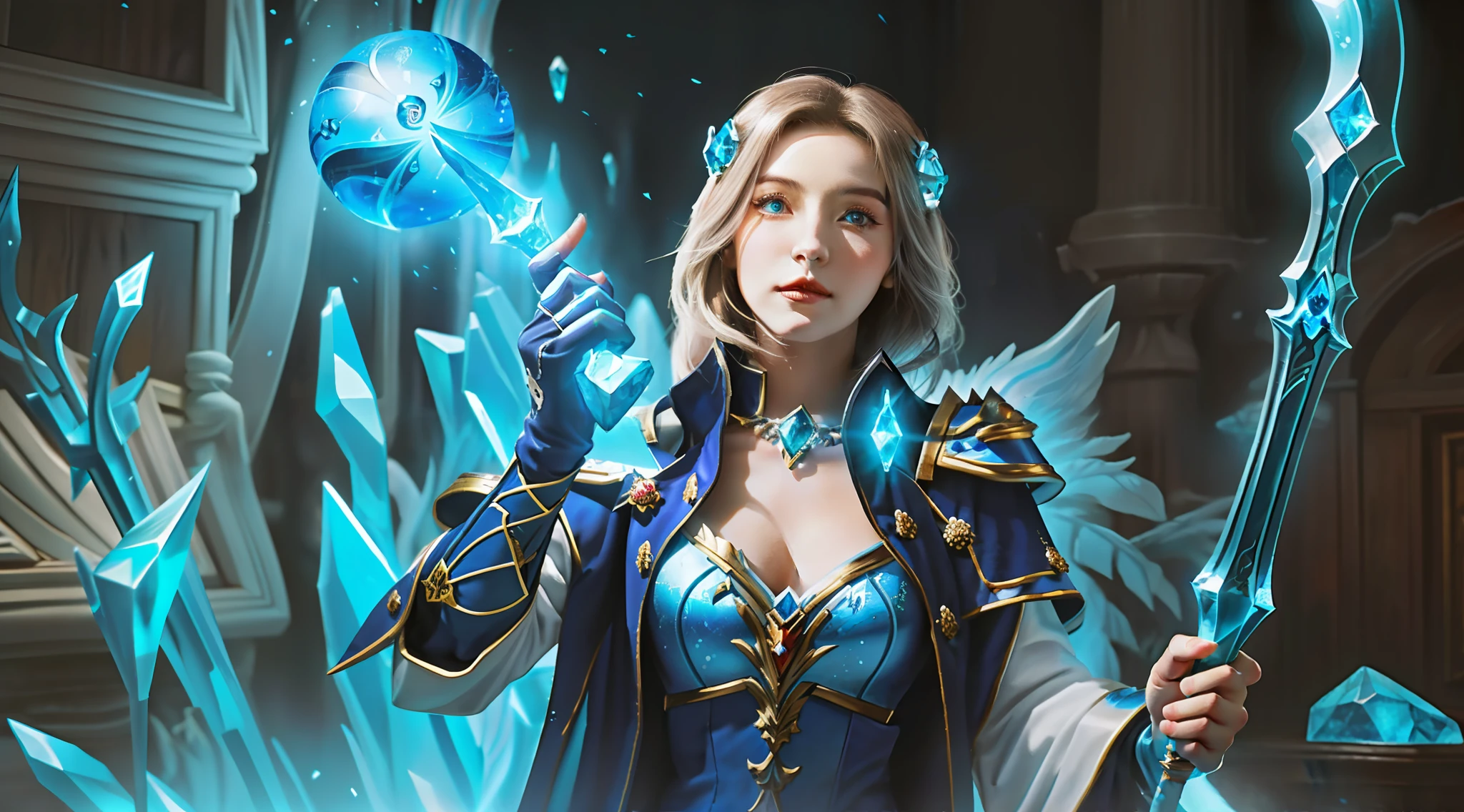a close up of a woman holding a sword in a dark room, jaina proudmoore, a sorceress casting a ice ball, female mage conjuring a spell, an arcane wizard casting a spell, portrait of a mage, portrait of a female mage, fantasy mage, fantasy card game art, crystal maiden, female mage, blizzard hearthstone concept art