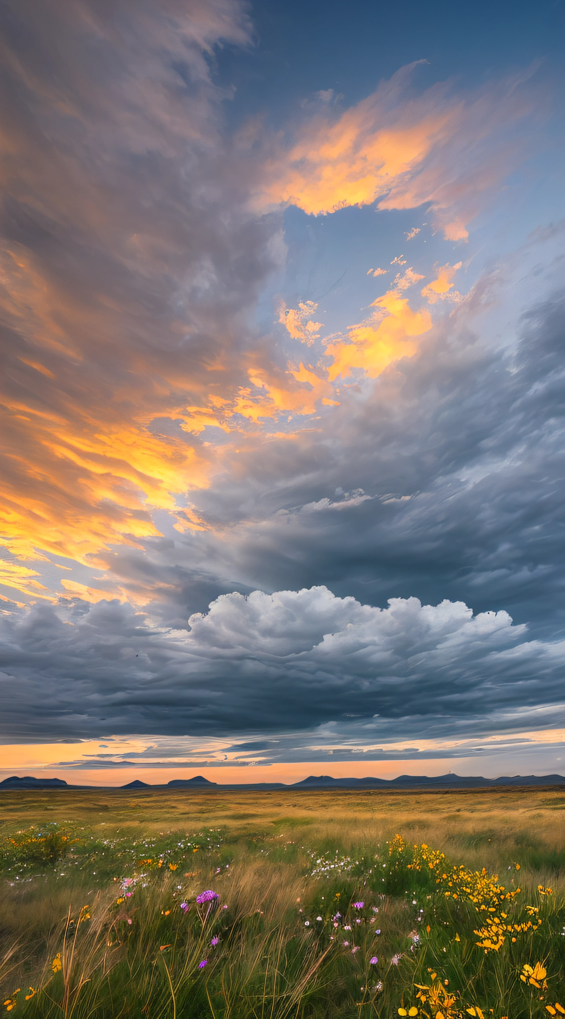 Sea, sea, sea, beach, grassland, wildflowers, desert, distant snowy mountains, sea of clouds, sky, large stretching clouds, sunset, light penetrating clouds to the ground, wide-angle lens shooting