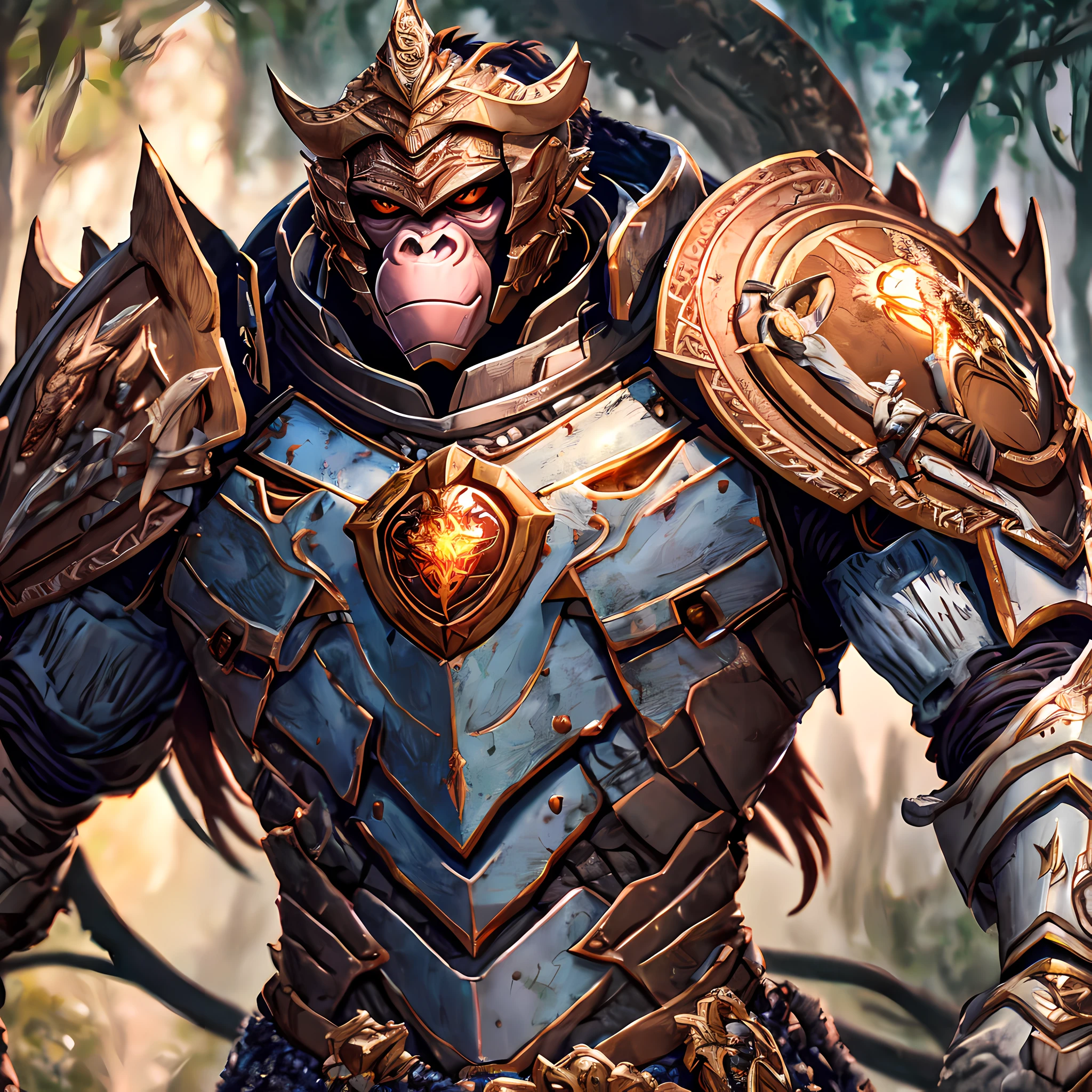 Masterpiece, best quality, epic monkey knight, shrewd and lively monkey, exquisite armor helmet, intricate design, peach forest, cinematic lighting, 4k, picture ratio best