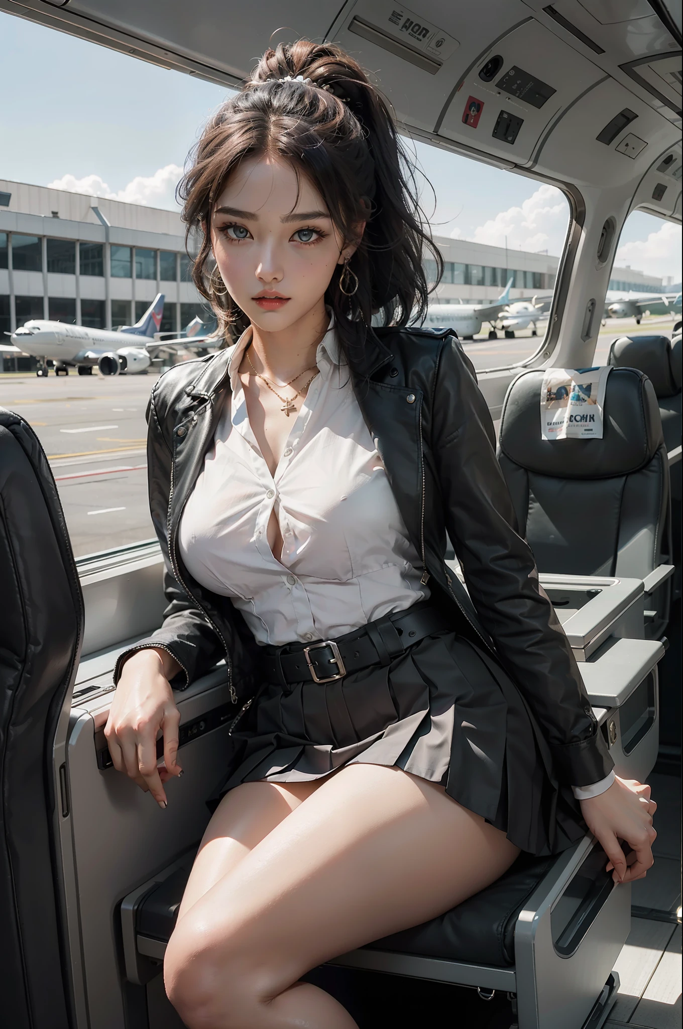 Beautiful eyes, girl on the plane, 1 girl, red face, slightly open lips, seductive expression, plump and symmetrical breasts, bulging buttocks, flight attendant uniform, white shirt, black gray pleated skirt, black stockings, black high heels, black hair, high ponytail, tiara, earrings, necklace, belt, tattoo, cabin, aircraft interior background, detailed costume effects, dynamic angle, flowing, 8k wallpaper, masterpiece, best quality, super detailed, best lighting, best shadows