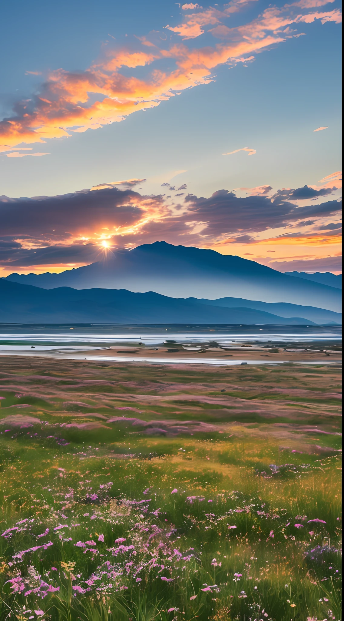 Sea, sea, sea, beach, grassland, wildflowers, desert, distant snowy mountains, sea of clouds, sky, large stretching clouds, sunset, light penetrating clouds to the ground, wide-angle lens shooting