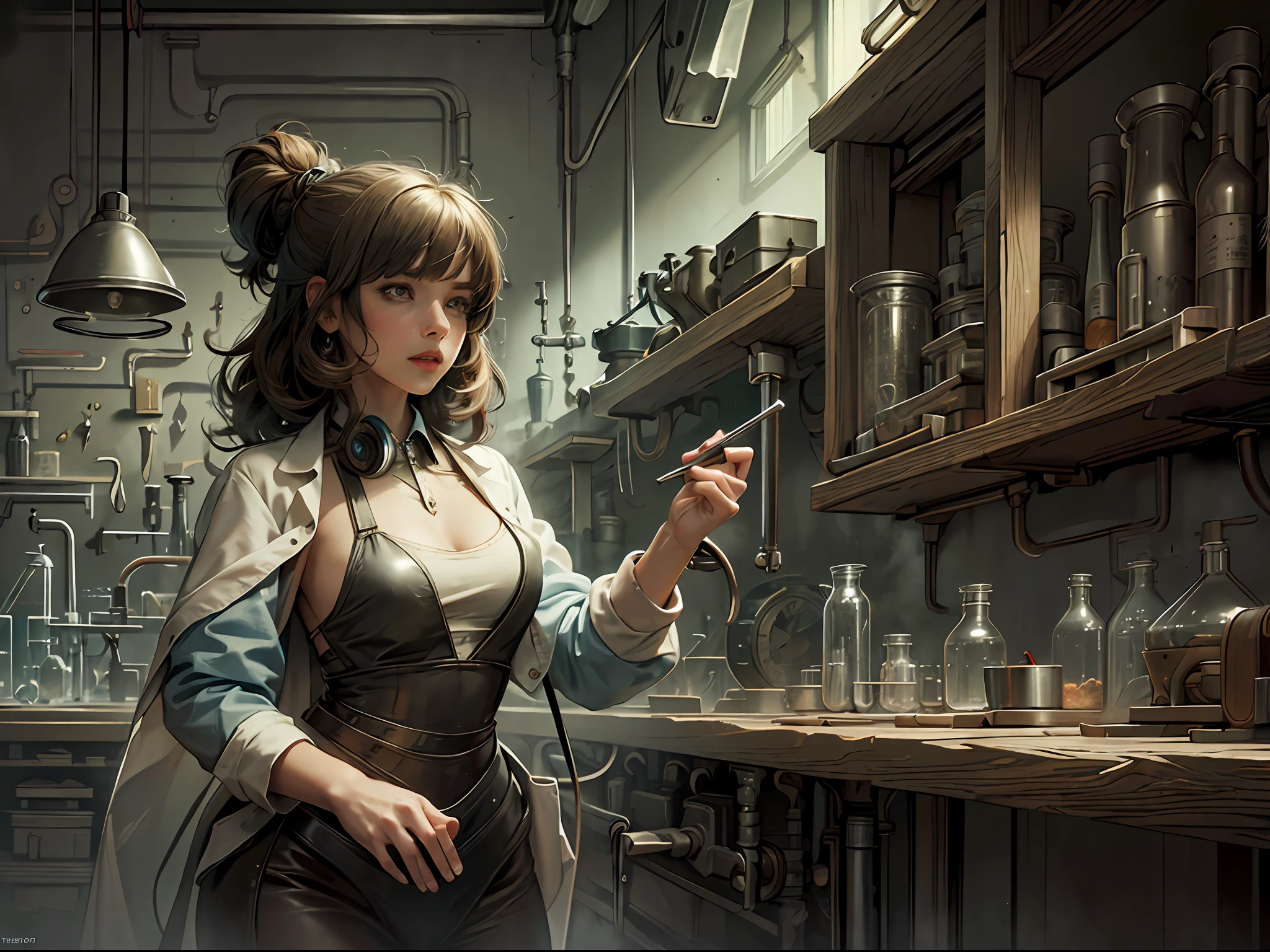 highly detailed, sharp focus, perfect anatomy, masterpiece, mad scientist woman, old laboratory, (labware), classic pulp art, full shot