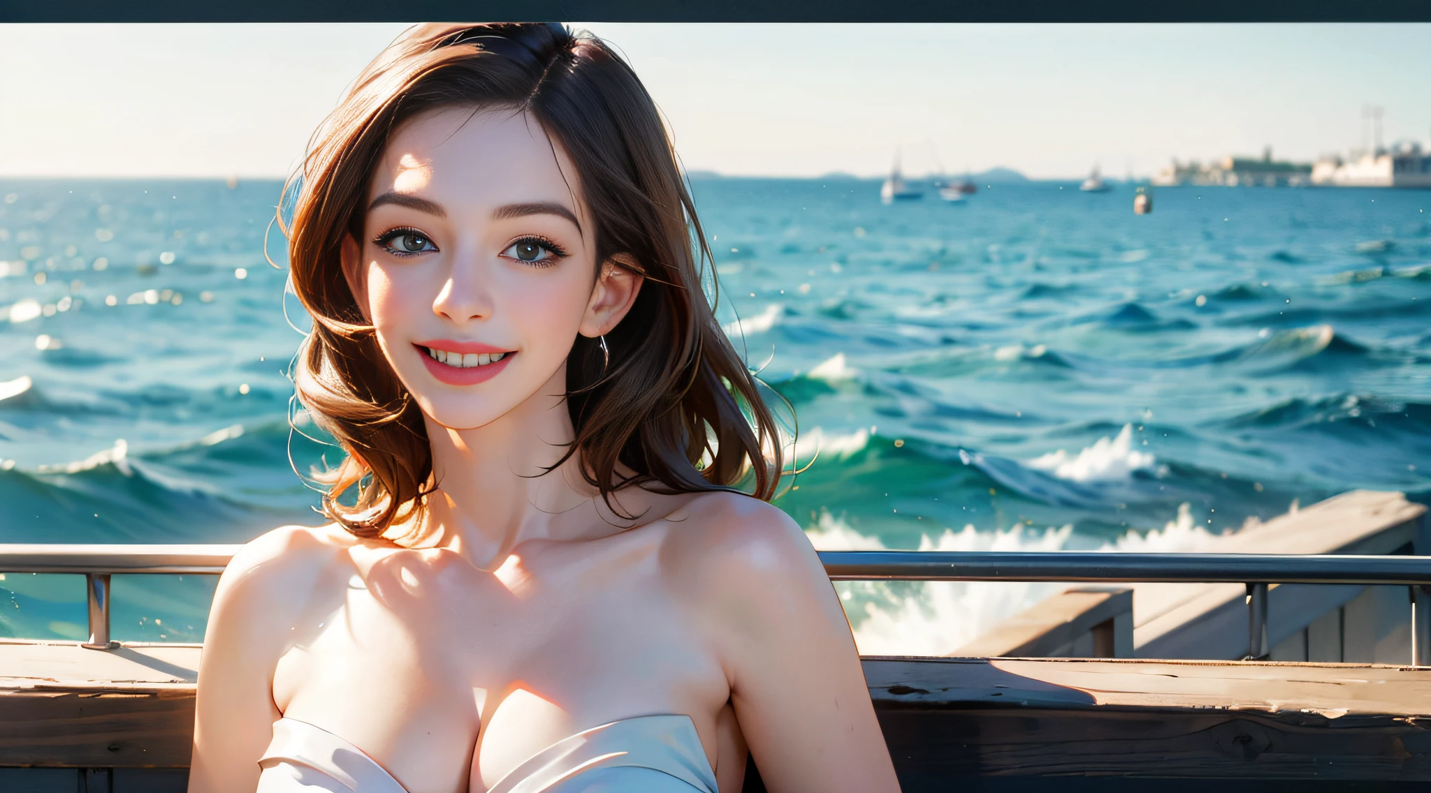 Raw photo, ((best quality, 8k, master piece, : 1.3)), clear focus: 1.2, (Anne Hathaway: 1.2), (Queen of White: 1.1), lovely smile, sea view room