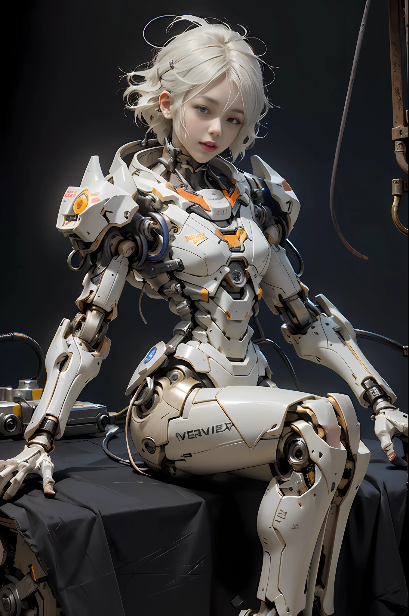 (((Masterpiece)))), (((highest quality)))), ((Ultra Definition)), (Very Detailed Photoreality), (((Very Delicate and Beautiful)), (Delicate and Pretty Face), Cinematic Light, (((1 Machine Girl)), Solo, Full Body, Big, Cleavage Is Visible Skin, White Hair, Purple Eyes, Luminous Eyes, (Mechanical Joint: 1.4), (Mechanical limbs)), (Blood vessels connected to tubes), (( Mechanical vertebrae attached to the back)), ((Cervical vertebrae of the machine) attached to the neck)), (((sitting)), expressionless, (wires and cables attached to the head and body: 1.5), (character focus), small LED lamps on the body, Evangelion, SF, metallic body, detailed neon