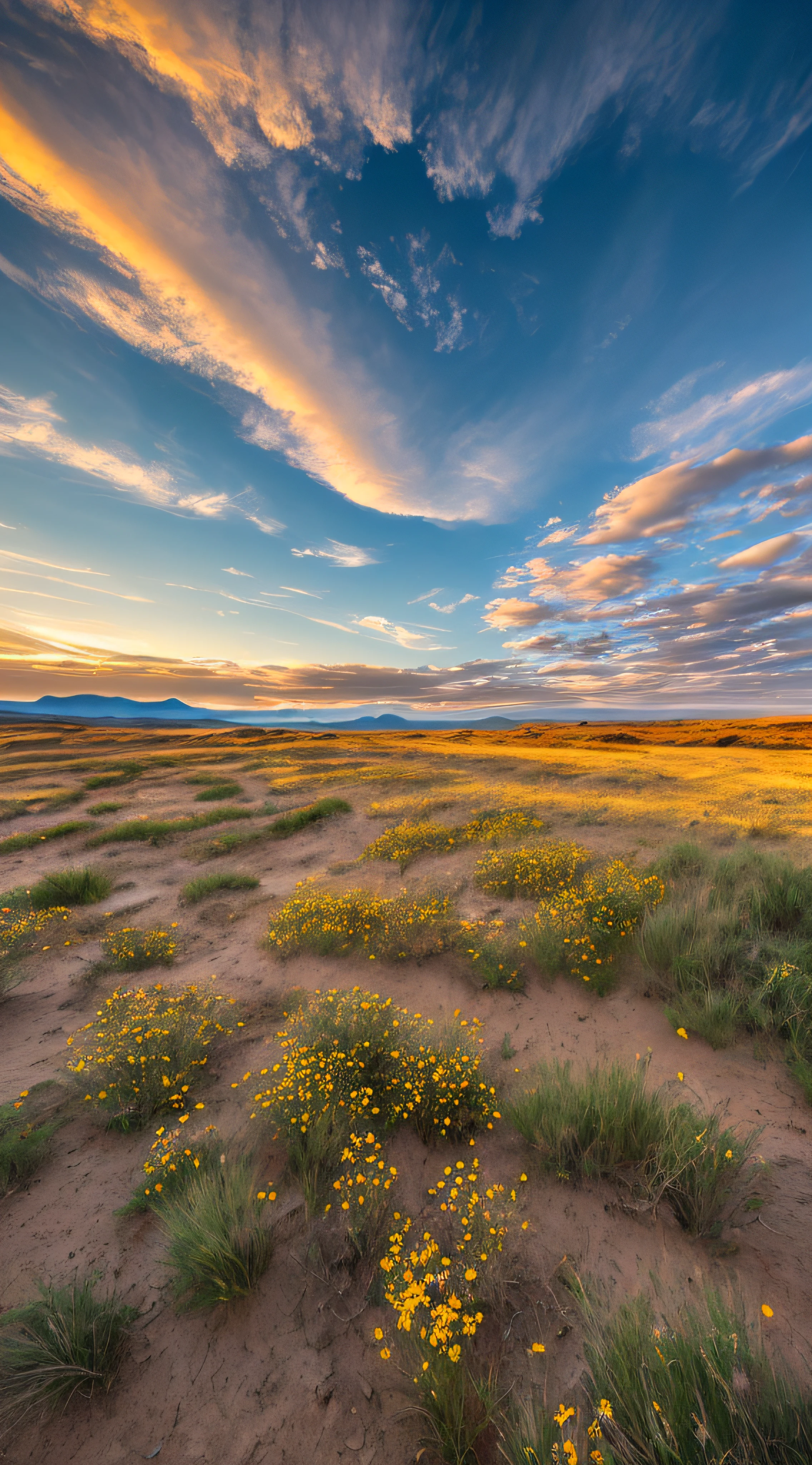 Sea, sand, grassland, wildflowers, desert, distant snowy mountains, sea of clouds, sky, large stretching clouds, sunset, light penetrating the clouds to the ground, wide-angle lens shooting