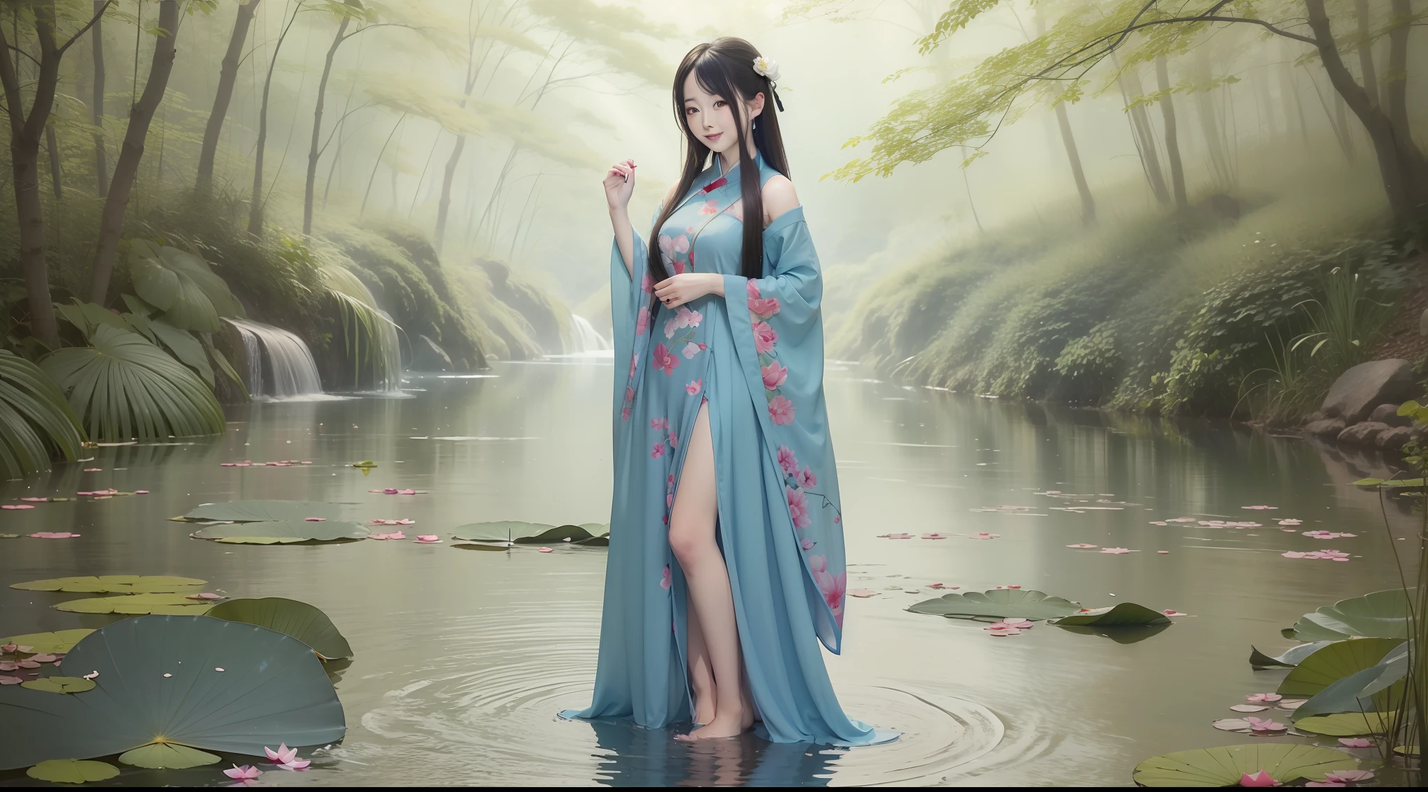 ((4k,masterpiece,best quality)), shuimobysim, traditional chinese ink painting, lotus,  hanfu, maxiskit, dress conservatively
1girl, solo, long blue hair, smile, standing, feet in the water, barefoot,