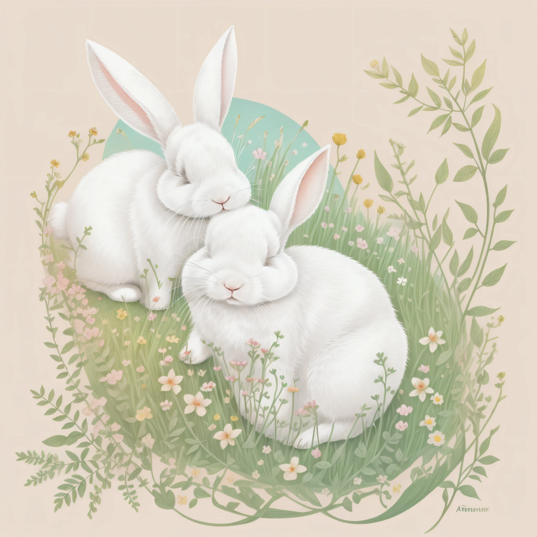 children's picture book illustration, white rabbit, anthropomorphic rabbit, sleeping rabbit, cute, color illustration,