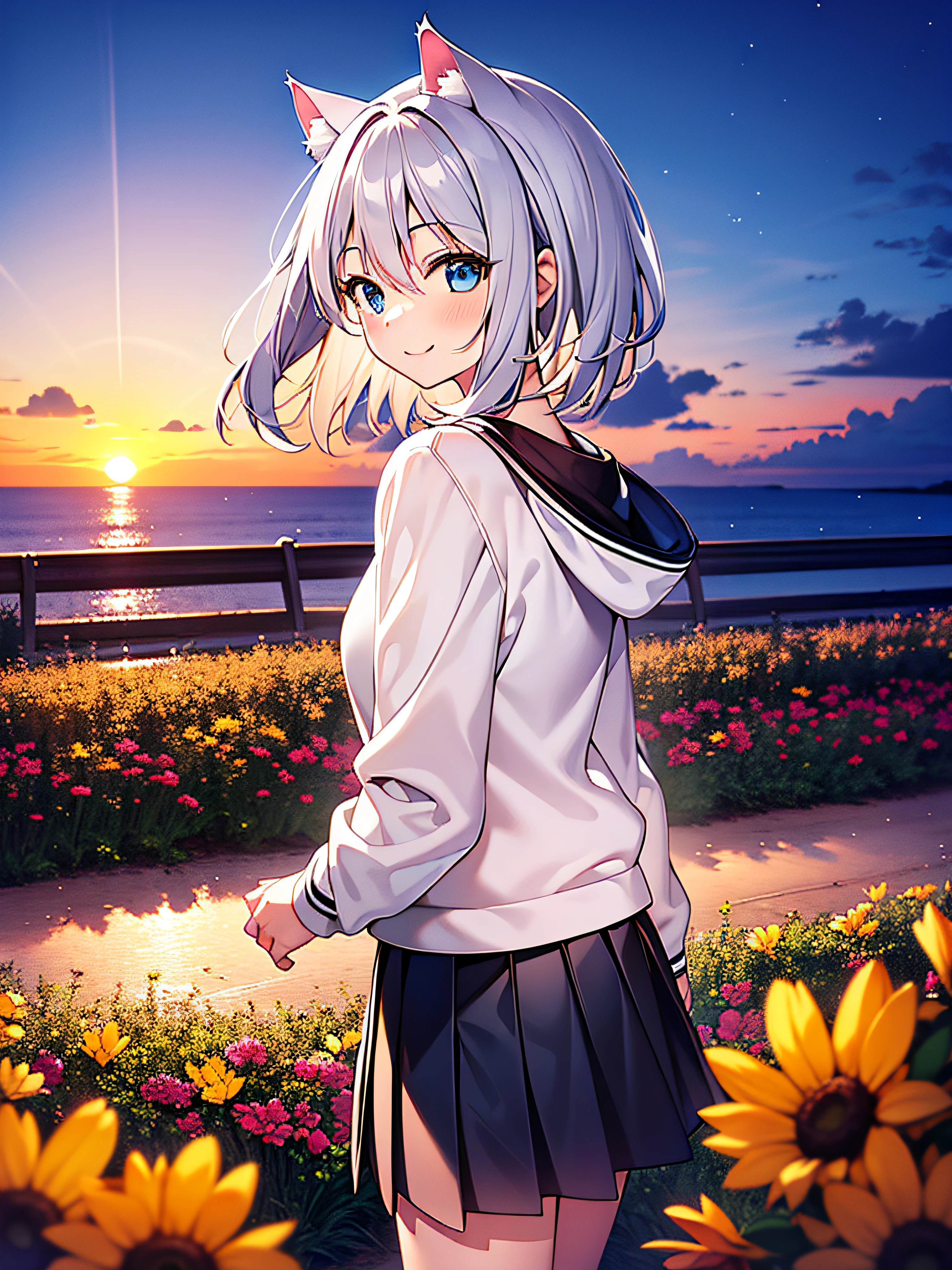 Masterpiece quality, best quality, 1girl, girl, smile, white sweatshirt, black pleated skirt, short hair, light blue eyes, sea of flowers, zebra striped hair, silver hair, pointed ears, ultra hd picture quality, cat ears, sunset, vignette