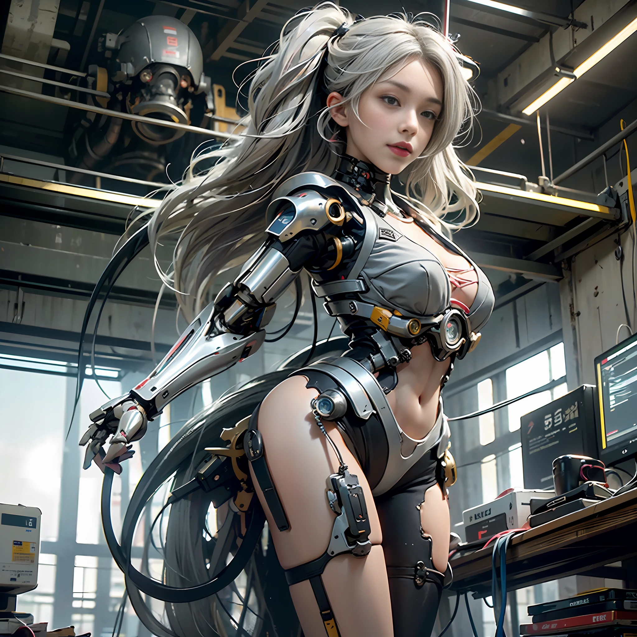 Beautiful Face,face is Japan, 1 Woman, Big, Curvaceous, (16k, RAW photo, top quality, masterpiece: 1.2), (HDR, Realistic, Photorealistic: 1.37) (tube attached to the body), (Bikini Cyborg robot parts)))), (light gray hair), Long hair, Wavy hair, Twin tails, Medium shot, ( Seductive smile)), (black eyes), double eyelids, princess cut, from below, (whole body),posing,,in the lab,( tube connected to blood vessel),((mechanical vertebrae attached to the back)),((mechanical neck attached to the neck)),(wire and cable attached to head and body),(character focus),science fiction,perfect female figure,perfect anatomy, hyperanatomy, full body shot, relationship between up to 4 fingers and 1 thumb, spherical joint,