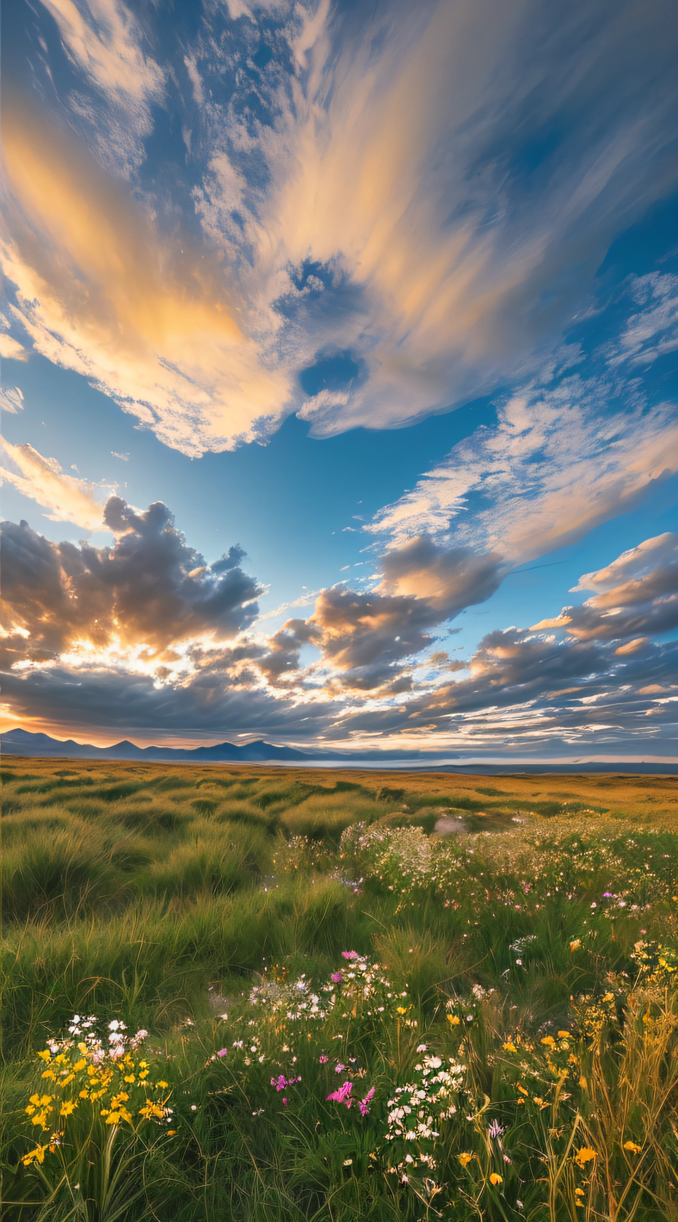 Sea, sea, sea, beach, grassland, wildflowers, desert, distant snowy mountains, sea of clouds, sky, large stretching clouds, sunset, light penetrating clouds to the ground, wide-angle lens shooting