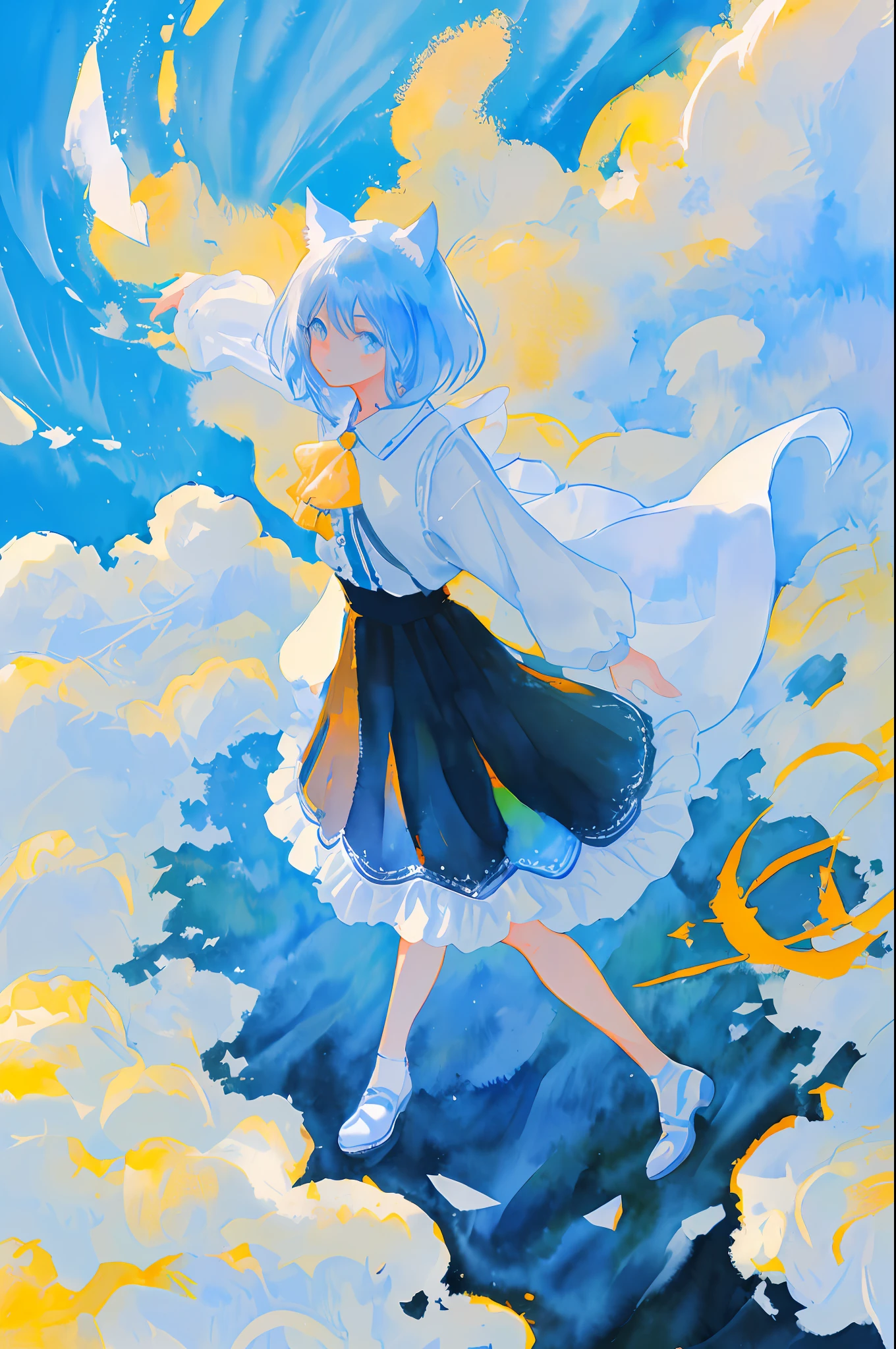 Above Sky Above Clouds Walking Girl Blue Sky Spreading Cat At Girl's Feet Cat Watercolor