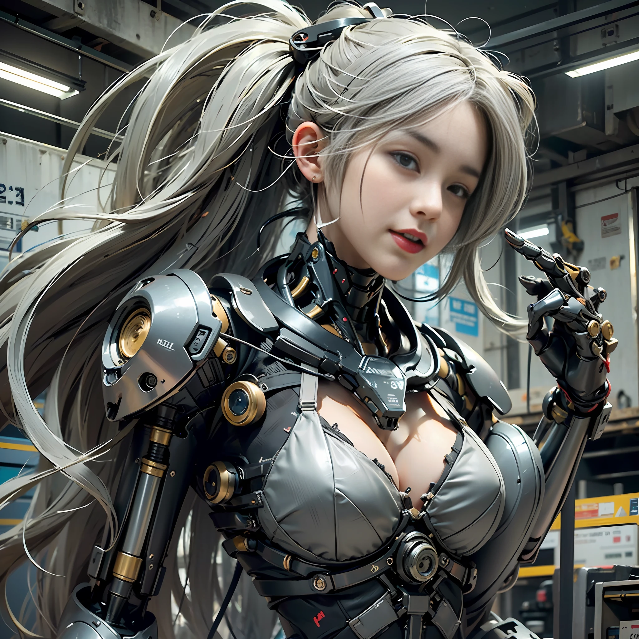 Beautiful Face,face is Japan, 1 Woman, Big, Curvaceous, (16k, RAW photo, top quality, masterpiece: 1.2), (HDR, Realistic, Photorealistic: 1.37) (tube attached to the body), (Bikini Cyborg robot parts)))), (light gray hair), Long hair, Wavy hair, Twin tails, Medium shot, ( Seductive smile)), (black eyes), double eyelids, princess cut, from below, (whole body),posing,,in the lab,( tube connected to blood vessel),((mechanical vertebrae attached to the back)),((mechanical neck attached to the neck)),(wire and cable attached to head and body),(character focus),science fiction,perfect female figure,perfect anatomy, hyperanatomy, full body shot, relationship between up to 4 fingers and 1 thumb, spherical joint,