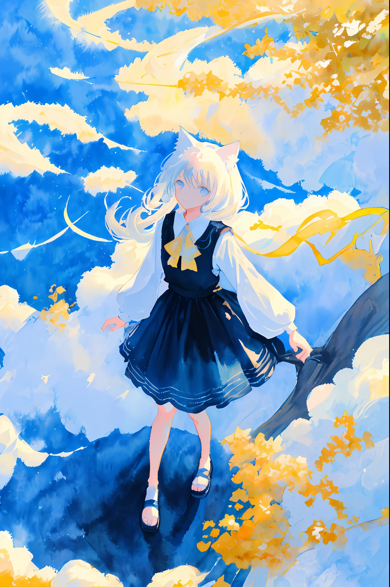 Above Sky Above Clouds Walking Girl Blue Sky Spreading Cat At Girl's Feet Cat Watercolor