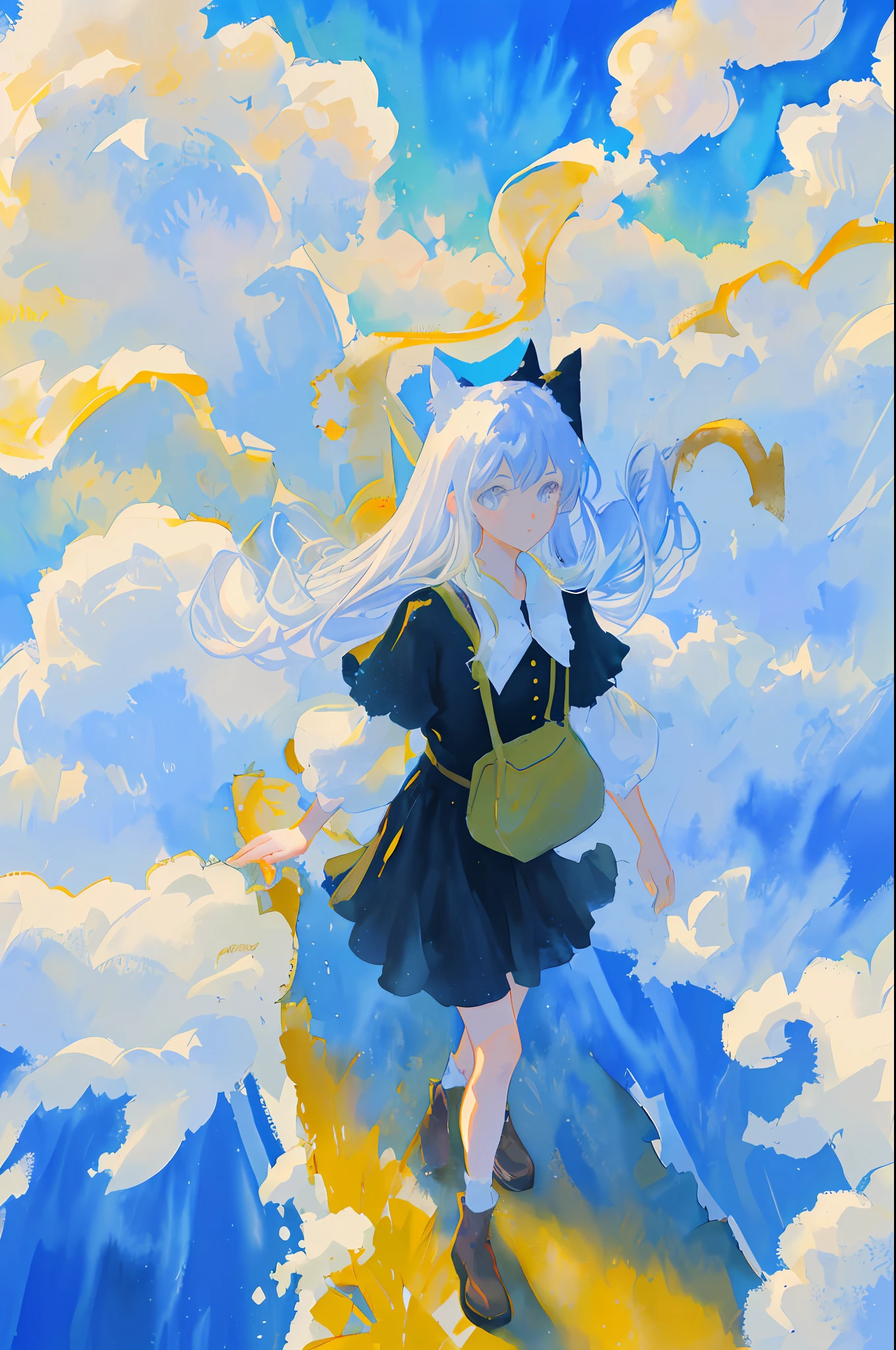 Above Sky Above Clouds Walking Girl Blue Sky Spreading Cat At Girl's Feet Cat Watercolor