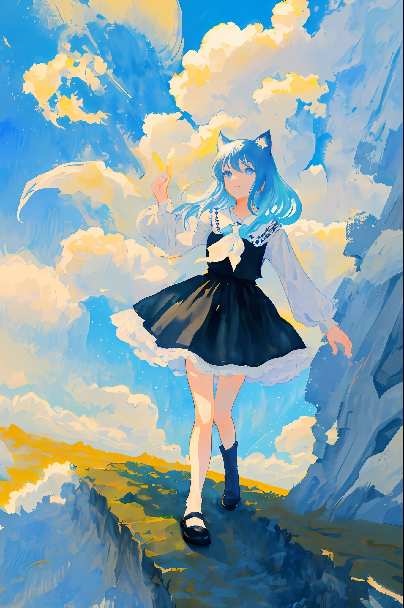 Above Sky Above Clouds Walking Girl Blue Sky Spreading Cat At Girl's Feet Cat Watercolor