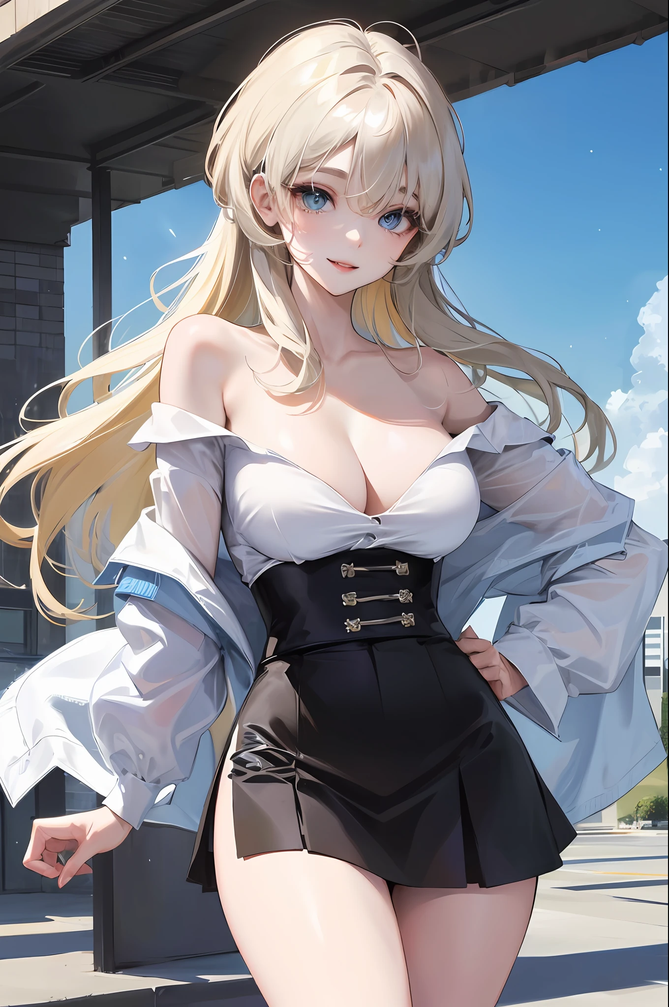 official art, masterpiece, sharp focus, (beautiful gorgeous cute Korean woman:1.3), (beautiful cute korean:1.3), korean beauty, Delicate and beautiful hair and eyes and face, realistic, ultra detailed, beautiful girl, blue sky, glow white particle, (sidelighting:1.2), slender, Lovely, very large breasts and very large hips, ((smile with eyes, open both eyes)), scenery, long straight hair, sexy facial expression, dynamic hair, long straight hair, detailed platinum blond hair, glow blue eyes, (short chanel skirt+ white off shoulder blouse), pale skin, at school