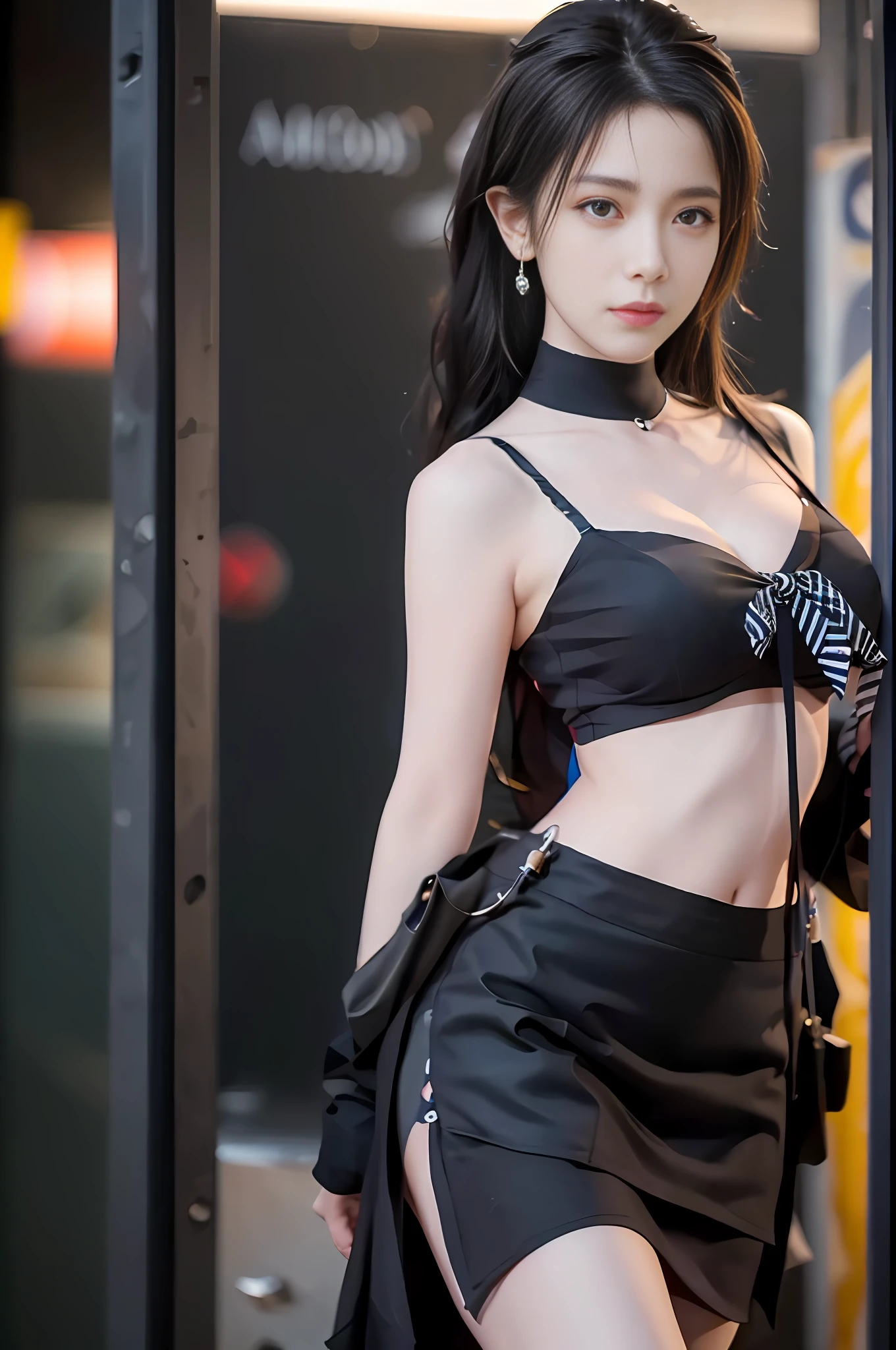 best quality, masterpiece, 1 girl, beautiful face, (photo photo:1.3), edge lighting, (high detail skin:1.2), 8k ultra hd, dslr camera, high quality, high resolution, 4k, 8k, bokeh, ridiculous, best ratio four fingers and one thumb, (realistic:1.3), cute 1girl, wearing black suspenders, medium breasts, short skirt,