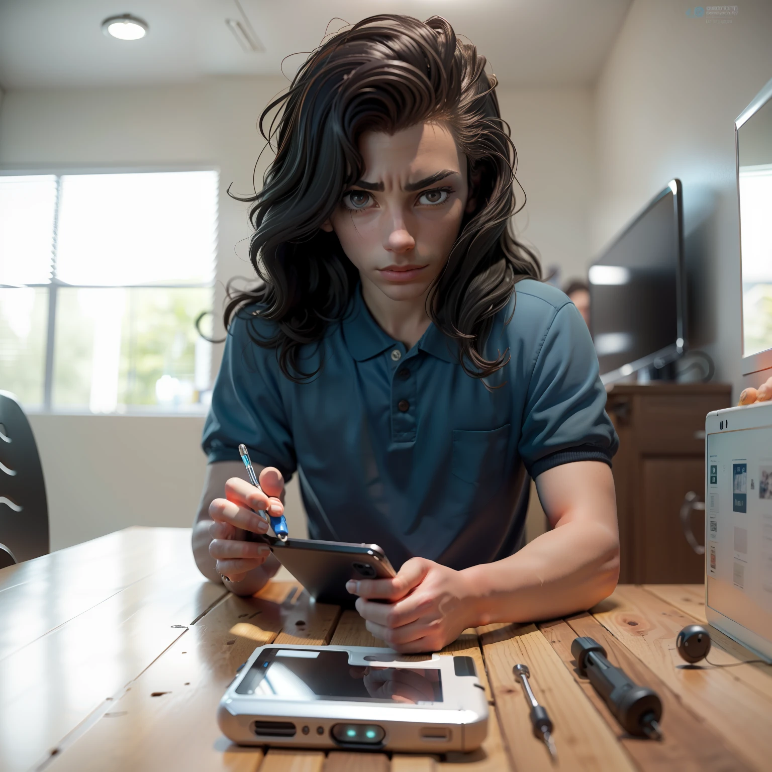 Frontal image of a young man, long wavy black hair to the shoulder, blue polo shirt and is repairing a cell phone on a table. The table is organized with electronic repair tools, a screwdriver and a tweezer, which are skillfully used by the person to disassemble and fix the cell phone. Despite being absorbed in the task, the young man shows an expression of confidence and focus. His skillful hands demonstrate dexterity in repairing the cell phone, in the right hand he holds a screwdriver and in the left hand a cell phone. The right eye is centered symmetrically in relation to the left side, both eyes open defined, the eyes have light reflection effect, the eyes are brown, natural look, the eyes are staring at the device. The image reflects the person's passion and talent for technology and the repair of electronic devices. The background is inside a house, the picture conveys a positive atmosphere.