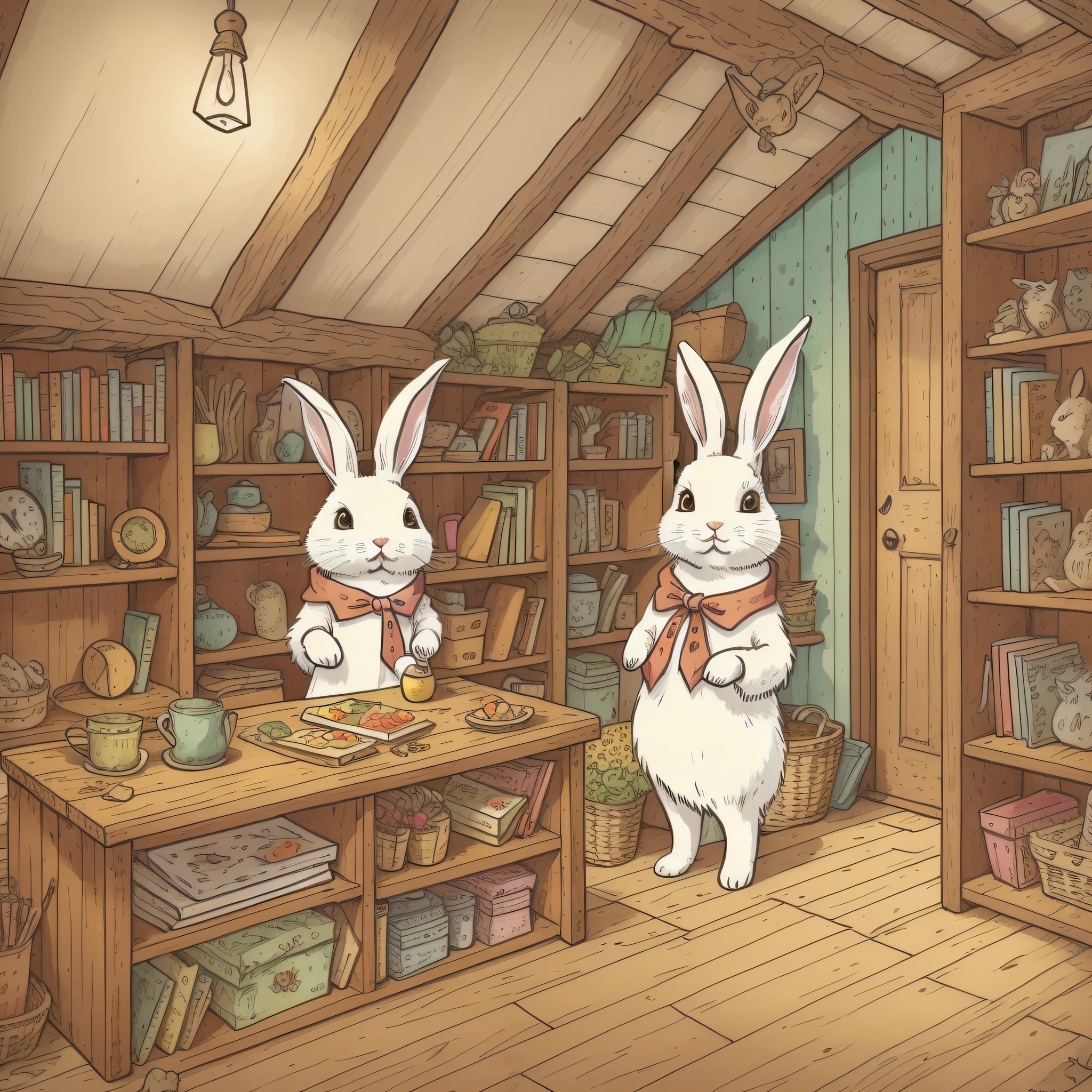 children's picture book illustration, white rabbit, anthropomorphic rabbit, rabbit panicking in rustic house, cute, color illustration,