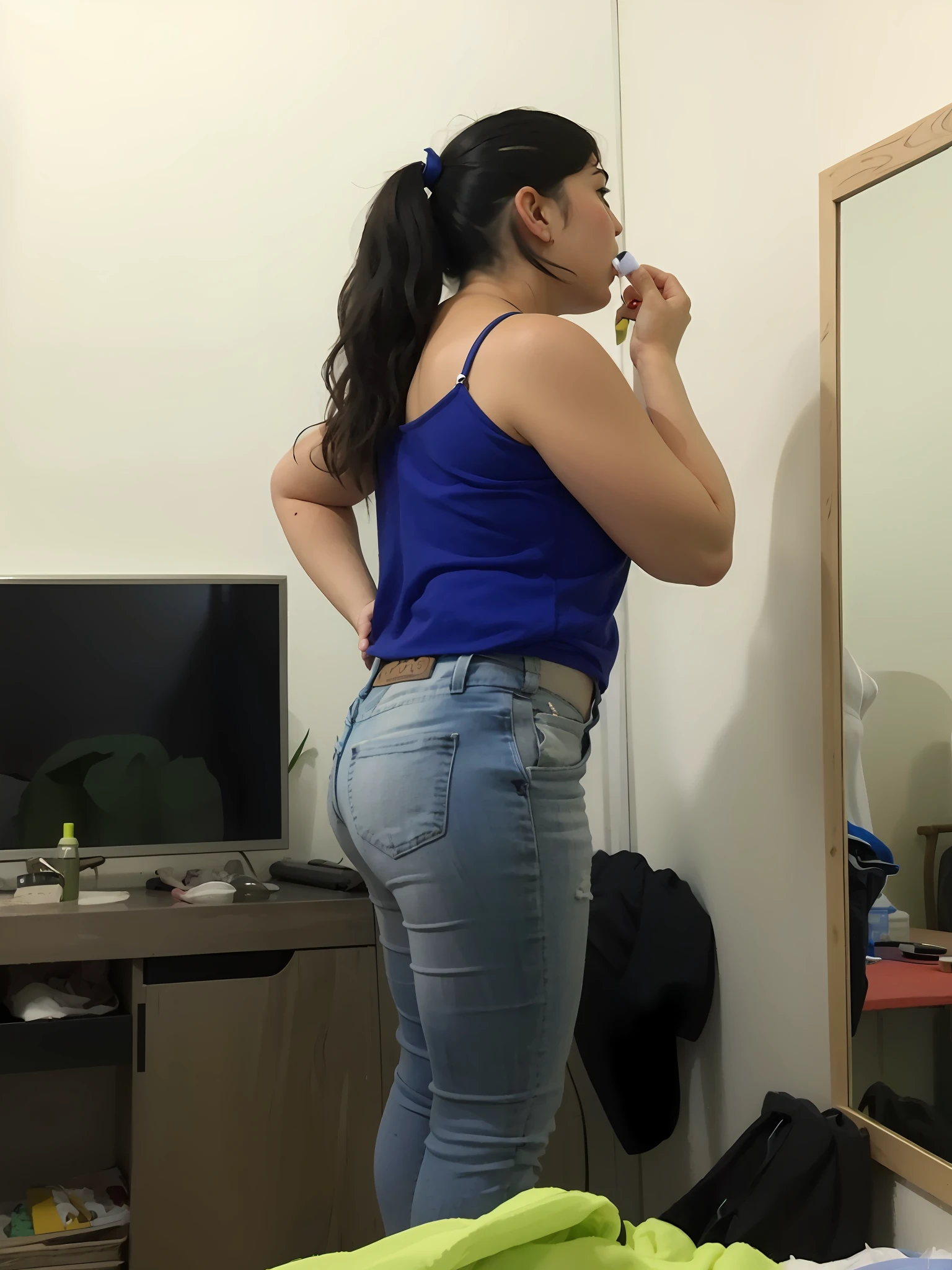 woman in blue tank top brushing her teeth in front of mirror, 2 , 2 3 years old old, 2 8 yearsars old, 2 9 ye4 year old female model, viewack, 18 years old, 2 4 years old, 30 years old woman
