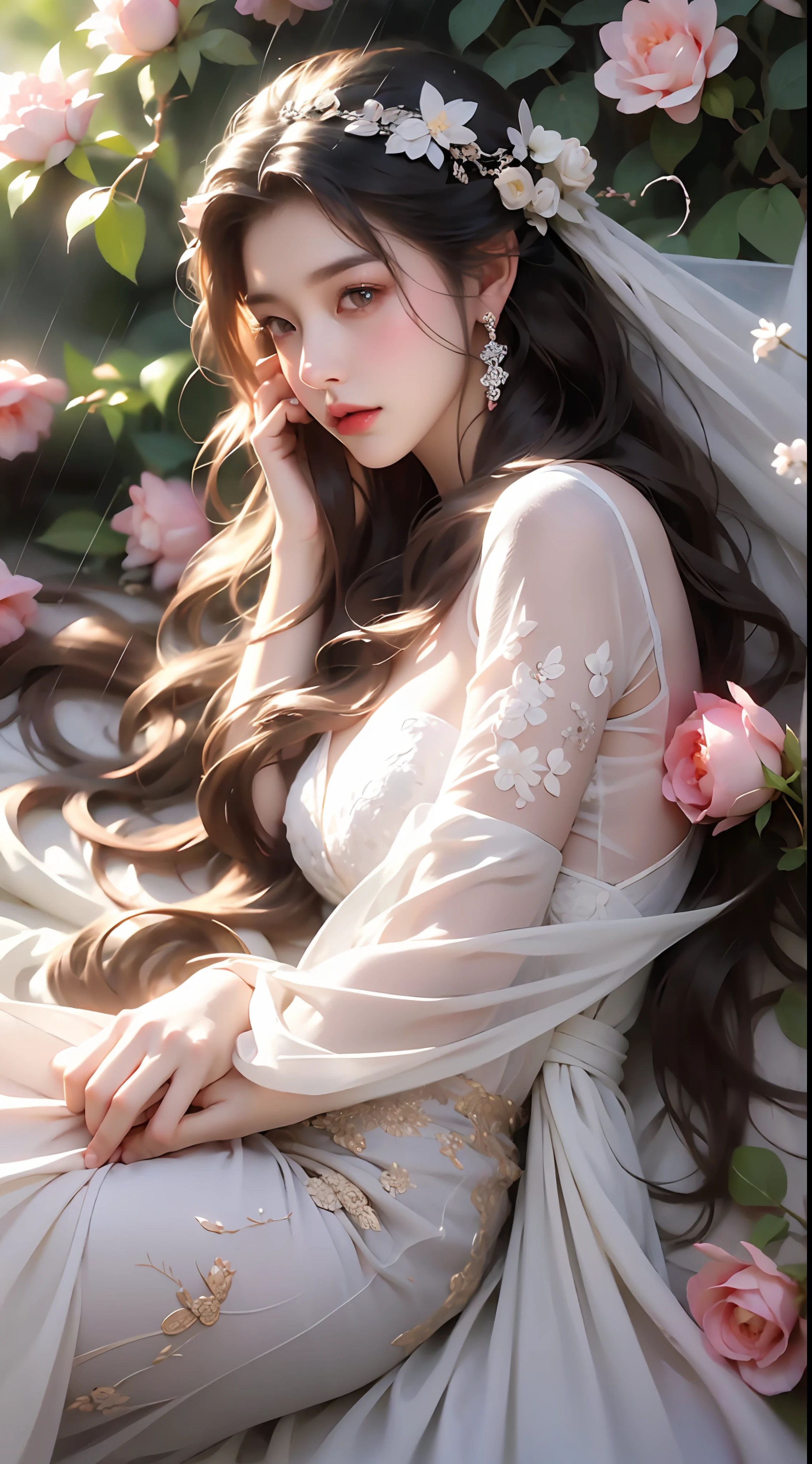 1 girl, full body photo, flaxen hair, flowing hair, hazy beauty, extremely beautiful facial features, white embroidered dress, hairpins on her head, lying in a bush, hand dragging chin, perfect hand, roses, (spring, rainy day, butterfly, cliff), simple vector art, contemporary Chinese art, soft light, entangled scarf, looking down