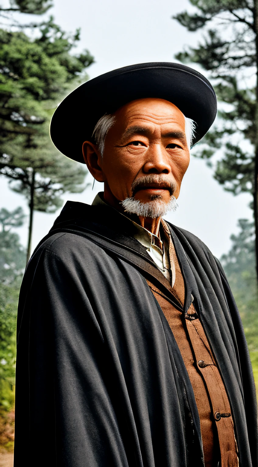 Portrait photography style, world masterpiece, super unique high professional digital art, film format, hyper-realism, color cinematography with ultra-fine details and quality, background is deep in the forest, an old man in rural China, an old man with wisdom. He wears an old cloak and his eyes are kind and shrewd. He was looking forward, his skin had been blackened and powerful by the sun and rain, and the wrinkles were fixed on the corners of his mouth and forehead, making it seem that his years had precipitated. Although wearing a dark gown, although simple in appearance, it exudes sublime wisdom and a sense of tenacity of strength.