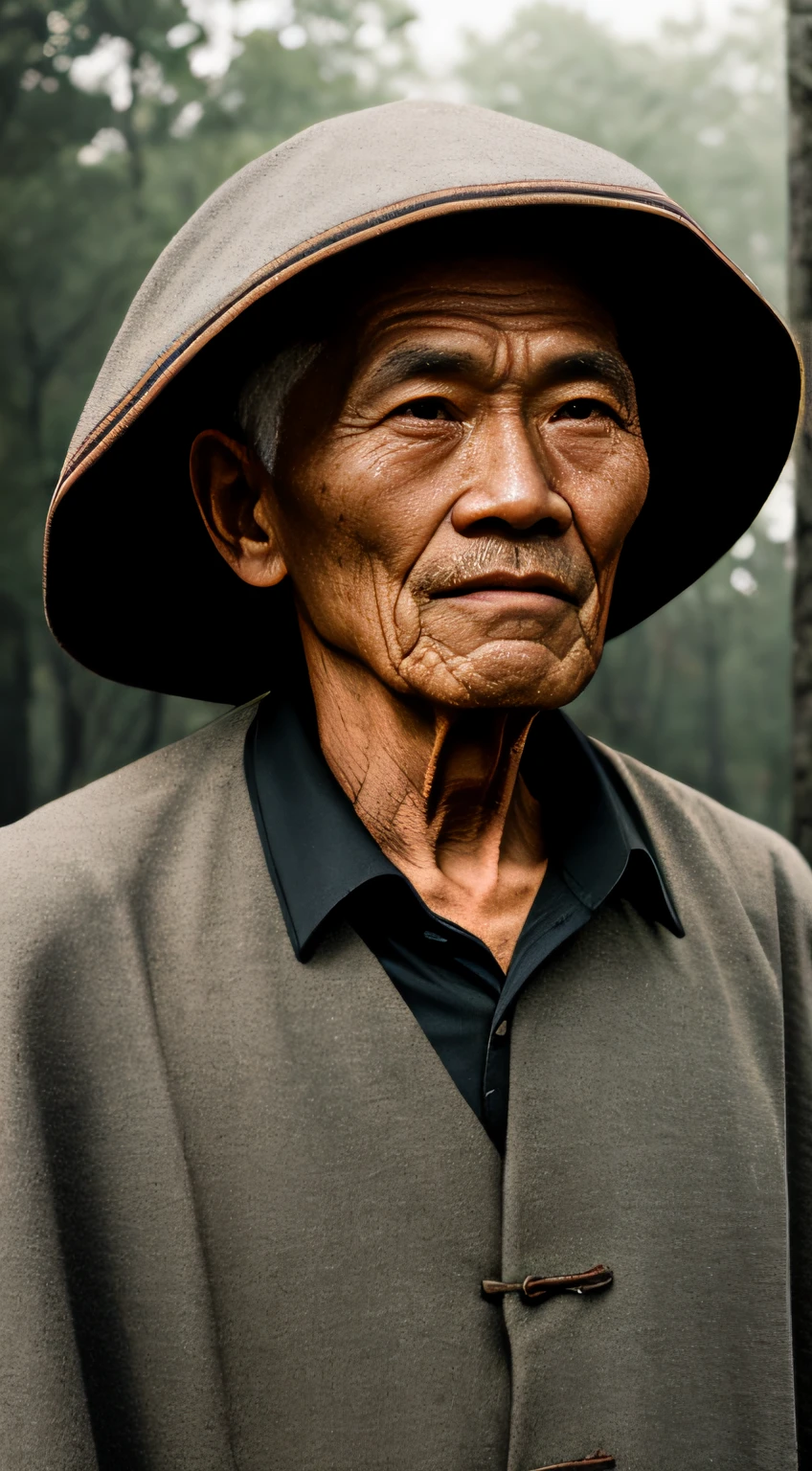 Portrait photography style, world masterpiece, super unique high professional digital art, film format, hyper-realism, color cinematography with ultra-fine details and quality, background is deep in the forest, an old man in rural China, an old man with wisdom. He wears an old cloak and his eyes are kind and shrewd. He was looking forward, his skin had been blackened and powerful by the sun and rain, and the wrinkles were fixed on the corners of his mouth and forehead, making it seem that his years had precipitated. Although wearing a dark gown, although simple in appearance, it exudes sublime wisdom and a sense of tenacity of strength.