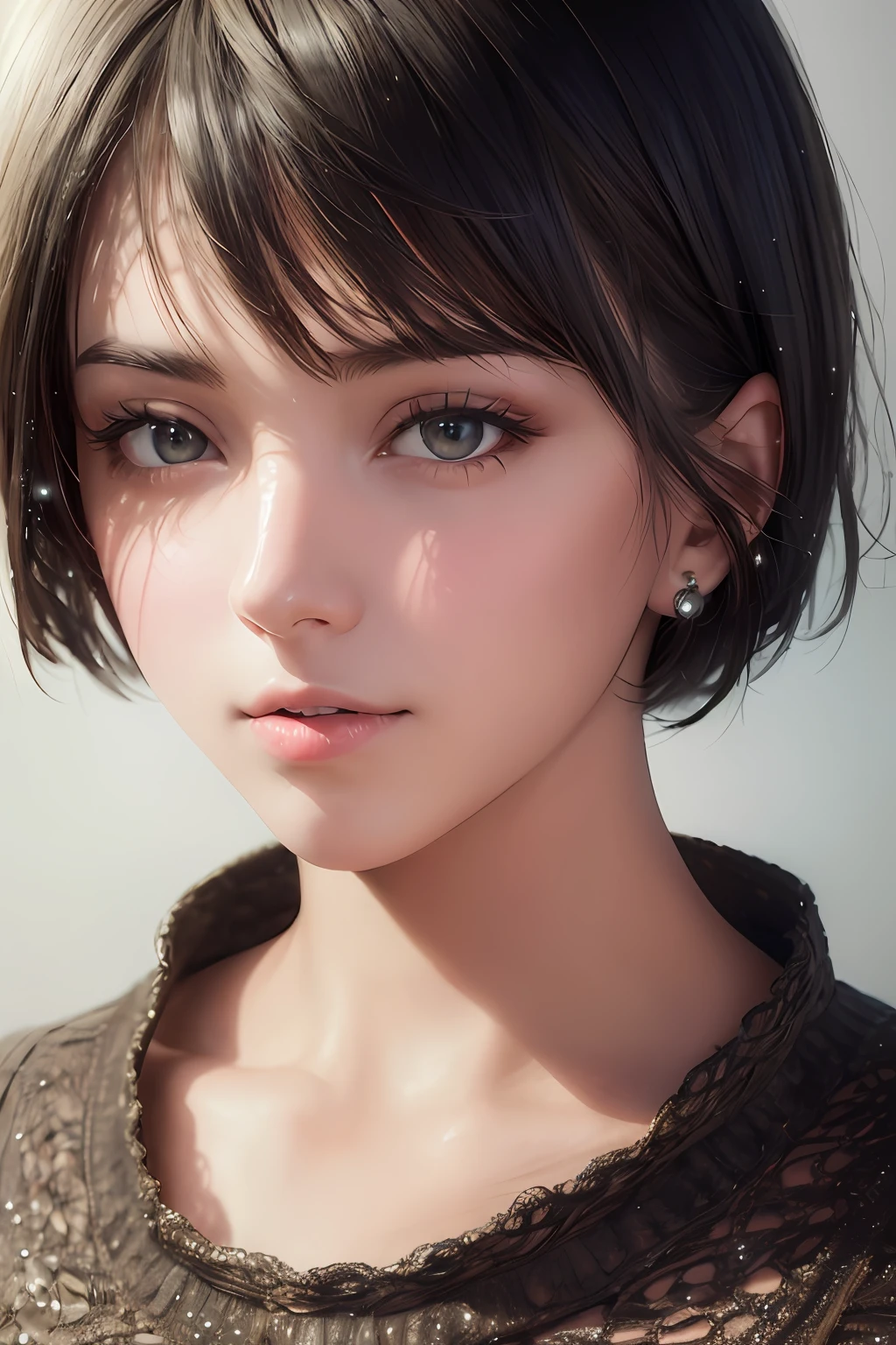 (Masterpiece: 1.3), (8k, realistic, RAW photos, best quality: 1.4), /(1 girl), beautiful face, (realistic face), (brunette hair, short hair:1.3), (beautiful hairstyle, realistic eyes, sparkling eyes, beautiful detailed eyes, glowing eyes), (realistic skin), beautiful skin, (sweater), ridiculous, attractive, super high resolution, super realistic, highly detailed, golden ratio