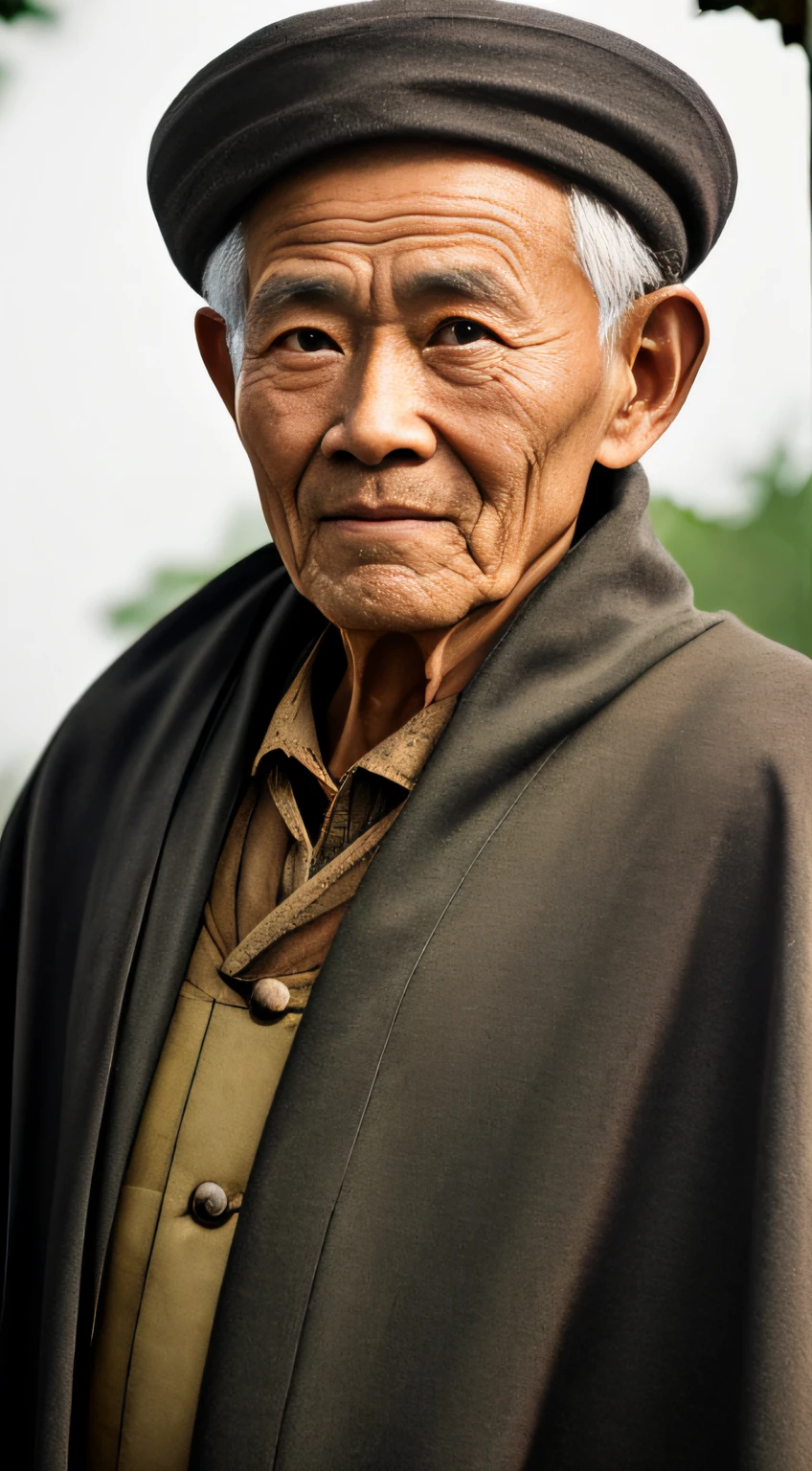 Portrait photography style, world masterpiece, super unique high professional digital art, film format, hyper-realism, color cinematography with ultra-fine details and quality, background is deep in the forest, an old man in rural China, an old man with wisdom. He wears an old cloak and his eyes are kind and shrewd. He was looking forward, his skin had been blackened and powerful by the sun and rain, and the wrinkles were fixed on the corners of his mouth and forehead, making it seem that his years had precipitated. Although wearing a dark gown, although simple in appearance, it exudes sublime wisdom and a sense of tenacity of strength.