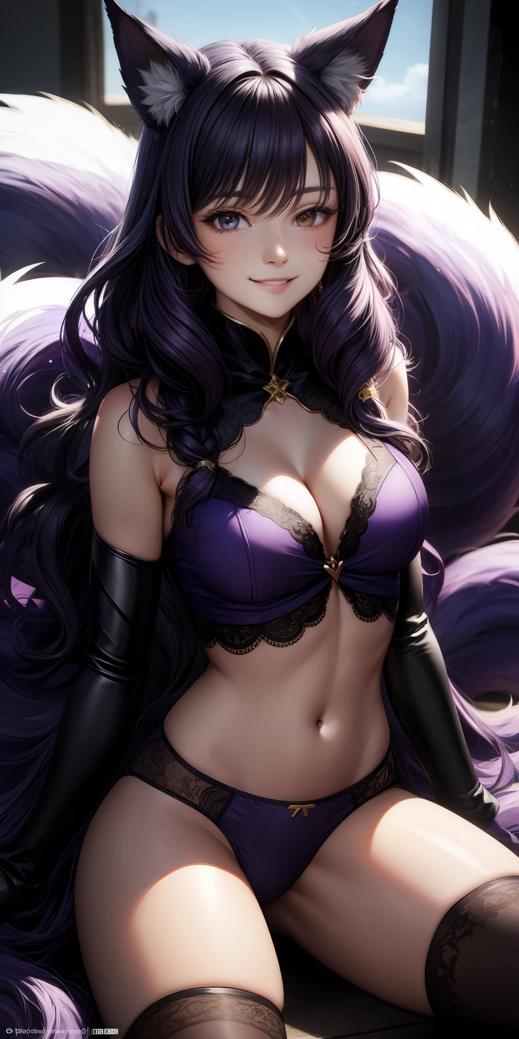 wavy hair, long hair, smile, purple underwear, beastman, beauty, fox, fluffy, nine-tailed