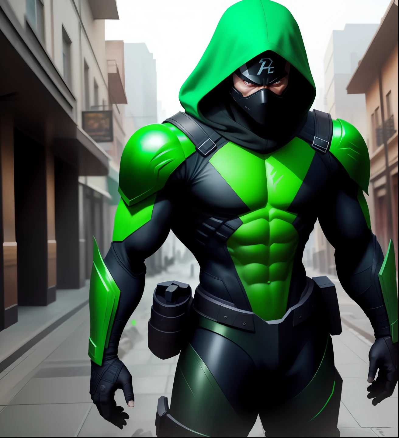 A ninja in a metallic black suit standing in a city, black armor, dressed in stealth armor, green hood, stealth suit, dark supervillain, Marvel Tor, amazing 8K character concept art, wearing green armor and helmet, epic ninja costume, green fate guy, with bright runes on the body, matte green green armor, green goblin, wearing black armor and helmet, epic ninja costume, green fate guy, with bright runes on the body, dark black armor, green goblin,(8k, RAW photo, best quality, masterpiece: 1.2), ultra detailed, official art, photo-realistic: 1.37, upper body shot.