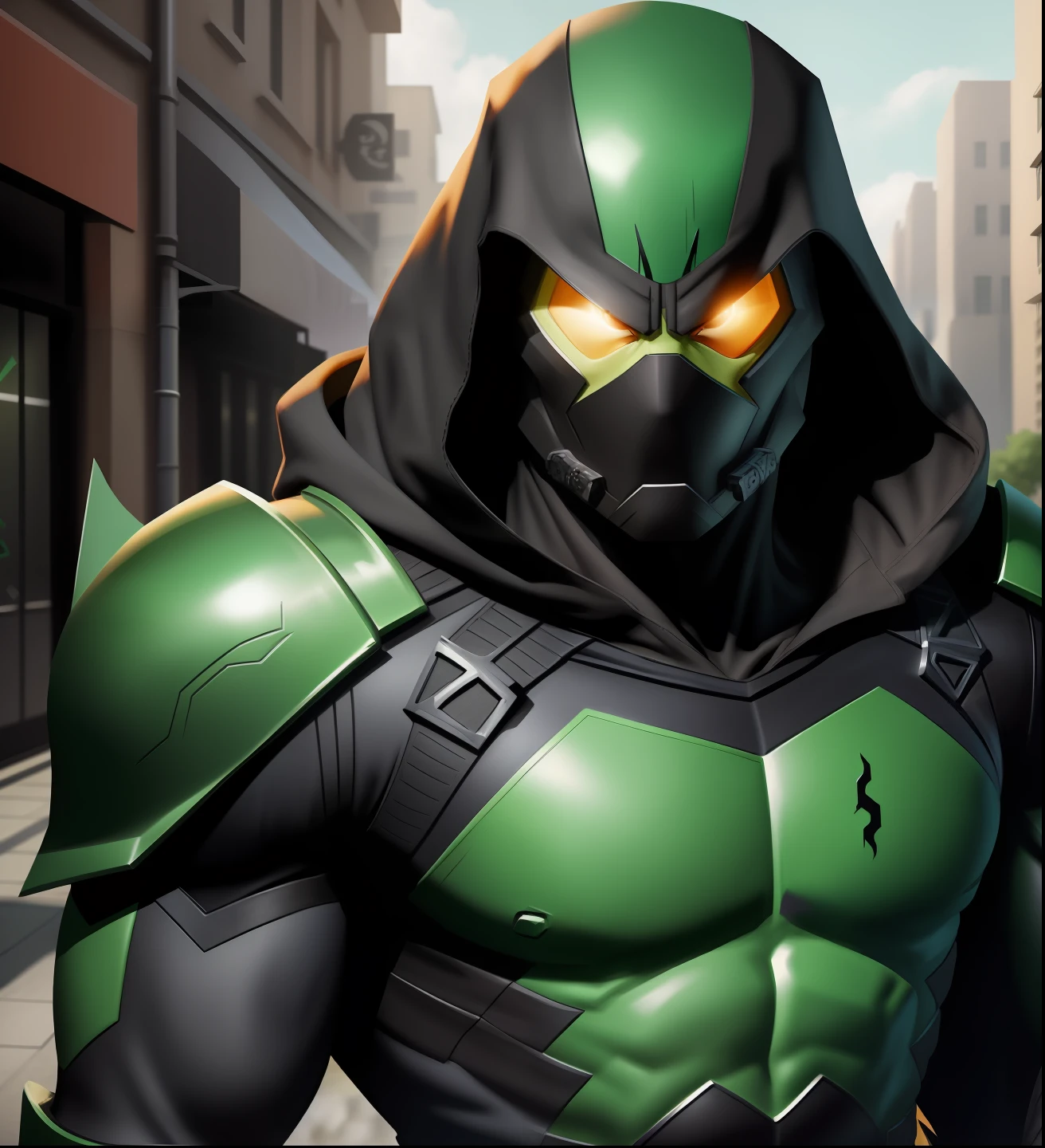 A ninja in a metallic black suit standing in a city, black armor, dressed in stealth armor, green hood, stealth suit, dark supervillain, Marvel Tor, amazing 8K character concept art, wearing green armor and helmet, epic ninja costume, green fate guy, with bright runes on the body, matte green green armor, green goblin, wearing black armor and helmet, epic ninja costume, green fate guy, with bright runes on the body, dark black armor, green goblin,(8k, RAW photo, best quality, masterpiece: 1.2), ultra detailed, official art, photo-realistic: 1.37, upper body shot.