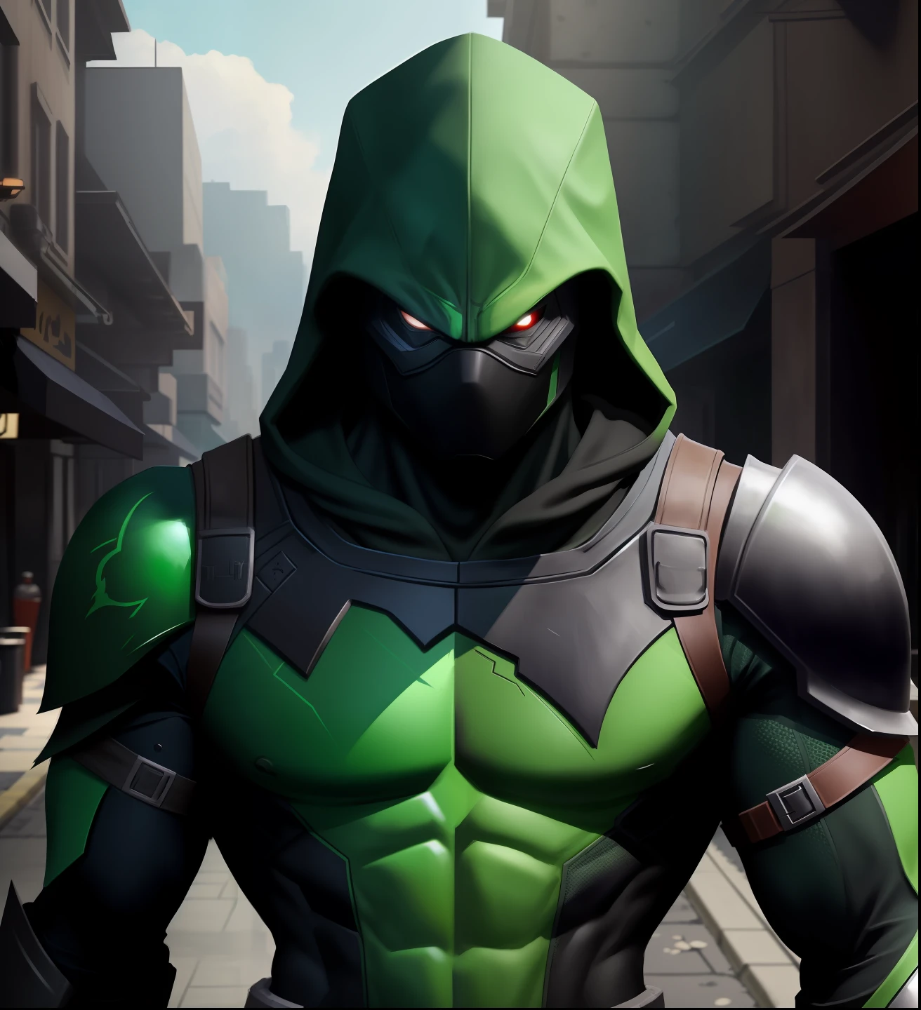 A ninja in a metallic black suit standing in a city, black armor, dressed in stealth armor, green hood, stealth suit, dark supervillain, Marvel Tor, amazing 8K character concept art, wearing green armor and helmet, epic ninja costume, green fate guy, with bright runes on the body, matte green green armor, green goblin, wearing black armor and helmet, epic ninja costume, green fate guy, with bright runes on the body, dark black armor, green goblin,(8k, RAW photo, best quality, masterpiece: 1.2), ultra detailed, official art, photo-realistic: 1.37, upper body shot.