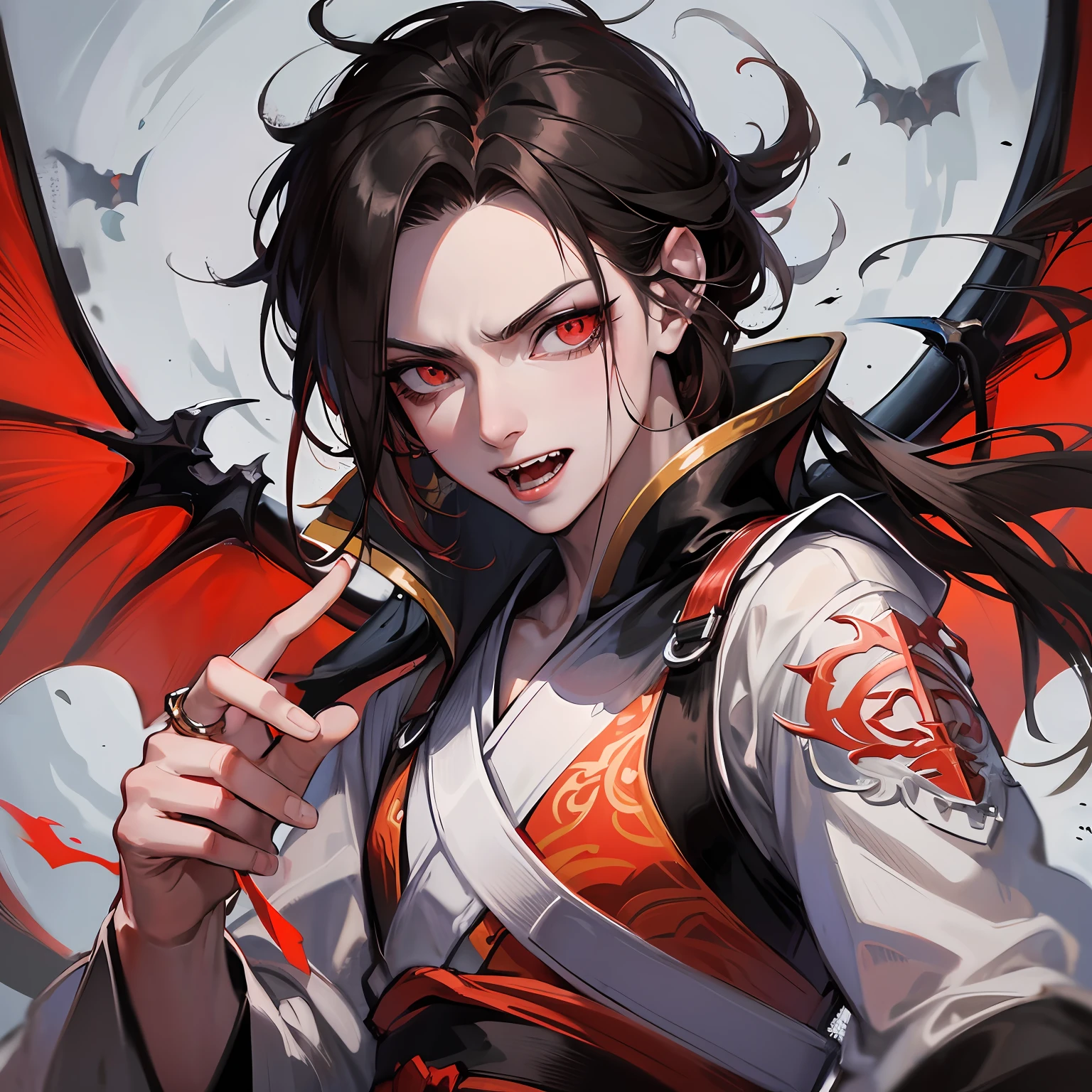 Best Quality, Superb Quality, 8K, Masterpiece: 1.2, Ultra Detailed, Beautiful Character Painting, Vampire, Red Fangs, Black Hanfu, Serious, 6 Year Old Boy, Extremely Detailed Finger Drawing, Vampire, Epic Exquisite Character Art, Ultra-detailed Clothes Detail, Faint Red Eyes,