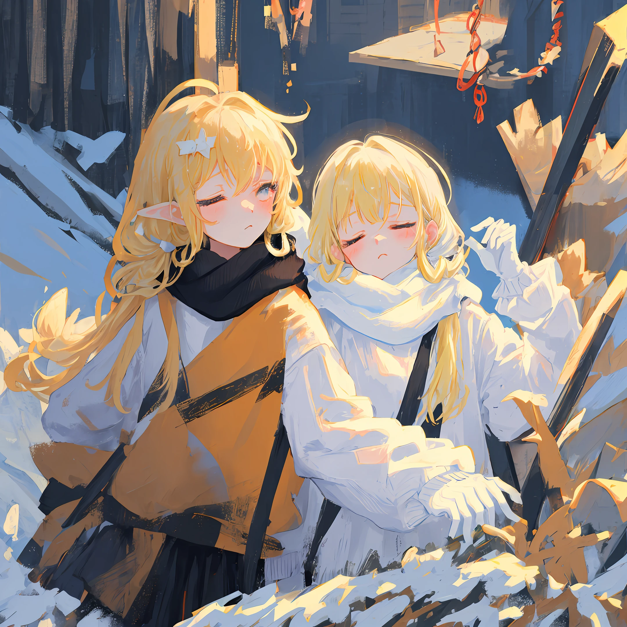 GIRL BLONDE CHILD with long hair wearing a white sweater and black ear warmers, sleepy, wearing cute black scarf, sick with a cold, cold, loli, a cold, cute bangs, with cute white skin, ears, sleepy face fashion model, sad, twintails white_gloves, cute ski...