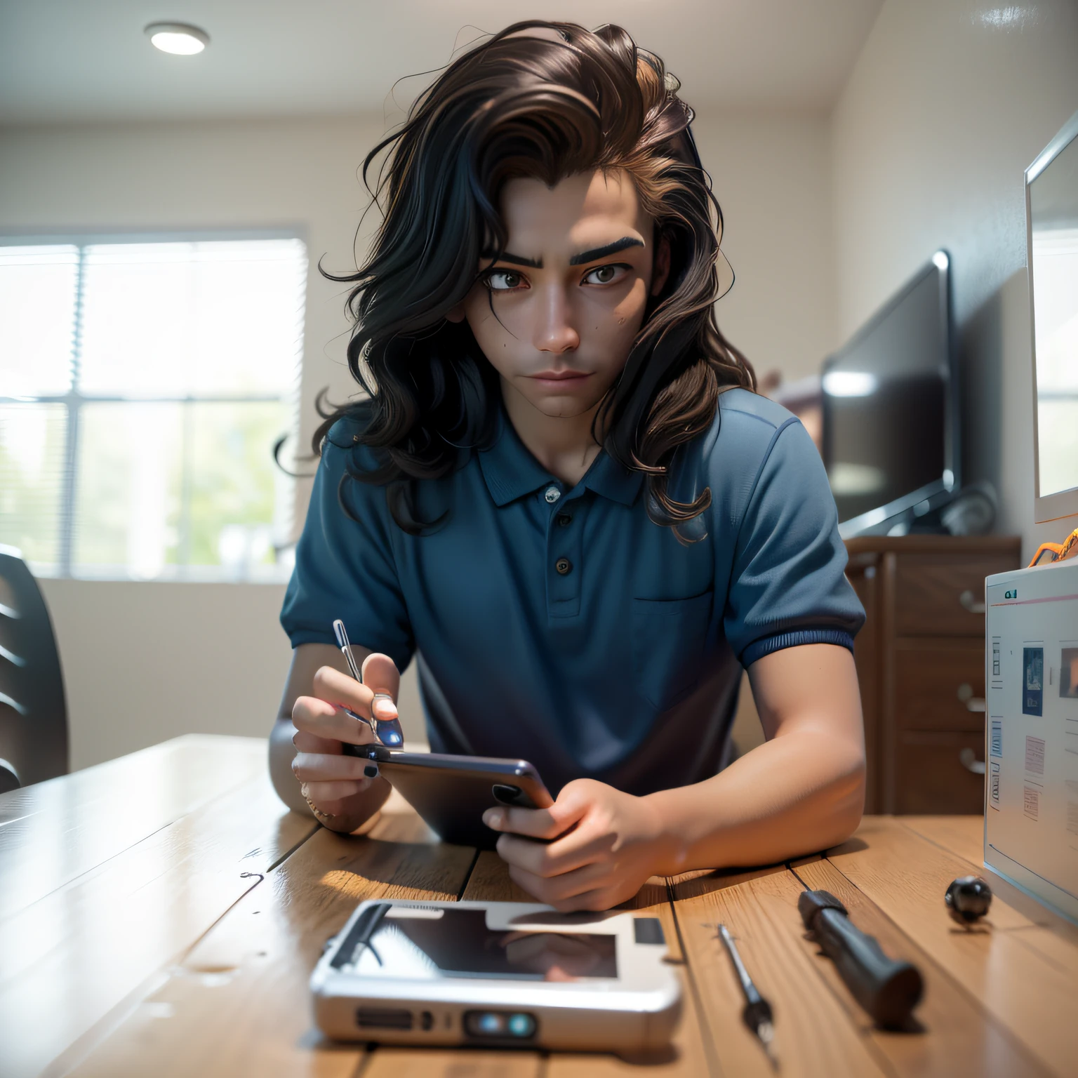 Frontal image of a young man, long wavy black hair to the shoulder, blue polo shirt and is repairing a cell phone on a table. The table is organized with electronic repair tools, a screwdriver and a tweezer, which are skillfully used by the person to disassemble and fix the cell phone. Despite being absorbed in the task, the young man shows an expression of confidence and focus. His skillful hands demonstrate dexterity in repairing the cell phone, in the right hand he holds a screwdriver and in the left hand a cell phone. The right eye is centered symmetrically in relation to the left side, both eyes open defined, the eyes have light reflection effect, the eyes are brown, natural look, the eyes are staring at the device. The image reflects the person's passion and talent for technology and the repair of electronic devices. The background is inside a house, the picture conveys a positive atmosphere.