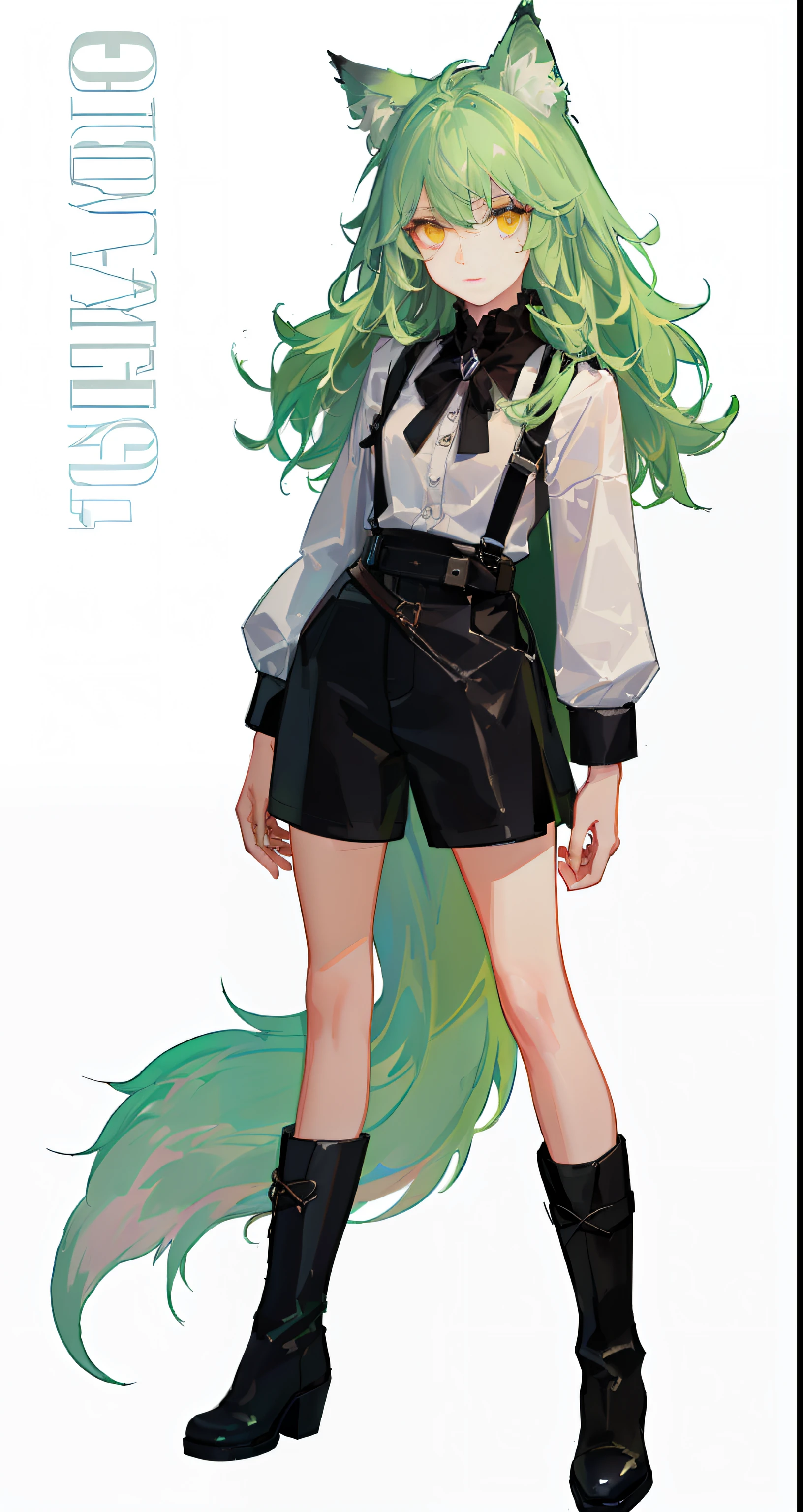 White shirt, black suspenders, black leather boots, stand straight, full body, divinity, light green hair, mullet head, yellow eyes, wolf ears, expressionless, depicted eyes, delicate facial features, anatomically correct, looking at the audience, treated hair