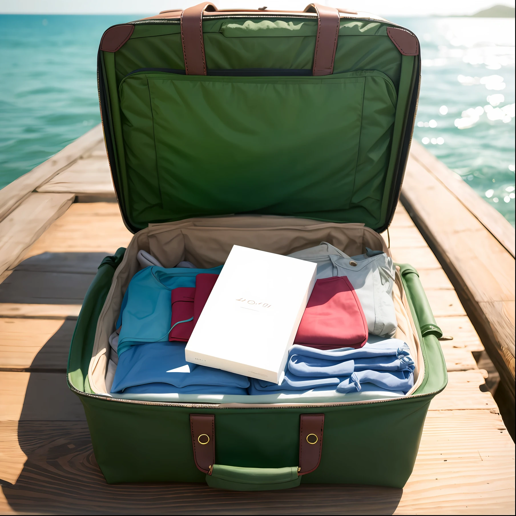 A green travel bag with a box and the atmosphere of summer and the sea