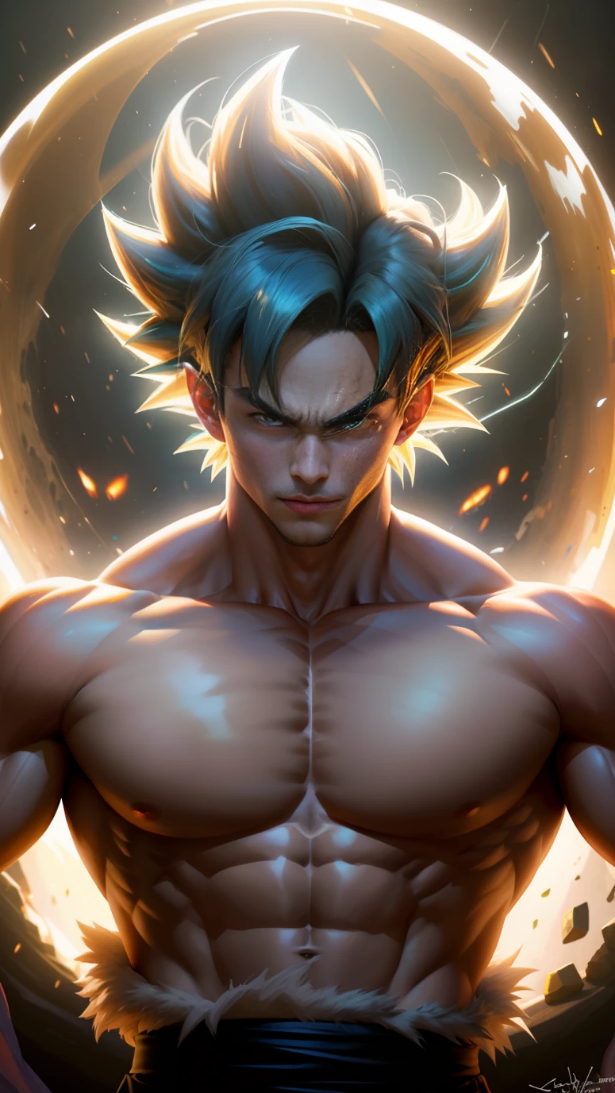 a close up of a man with a very large body and a very big chest, photorealistic human goku, highly detailed portrait of goku, ultra instinct, goku portrait, human goku, portrait of goku, super saiyan, broly, artgerm jsc, artgerm. high detail, fit male demon with white horns, extremely detailed artgerm