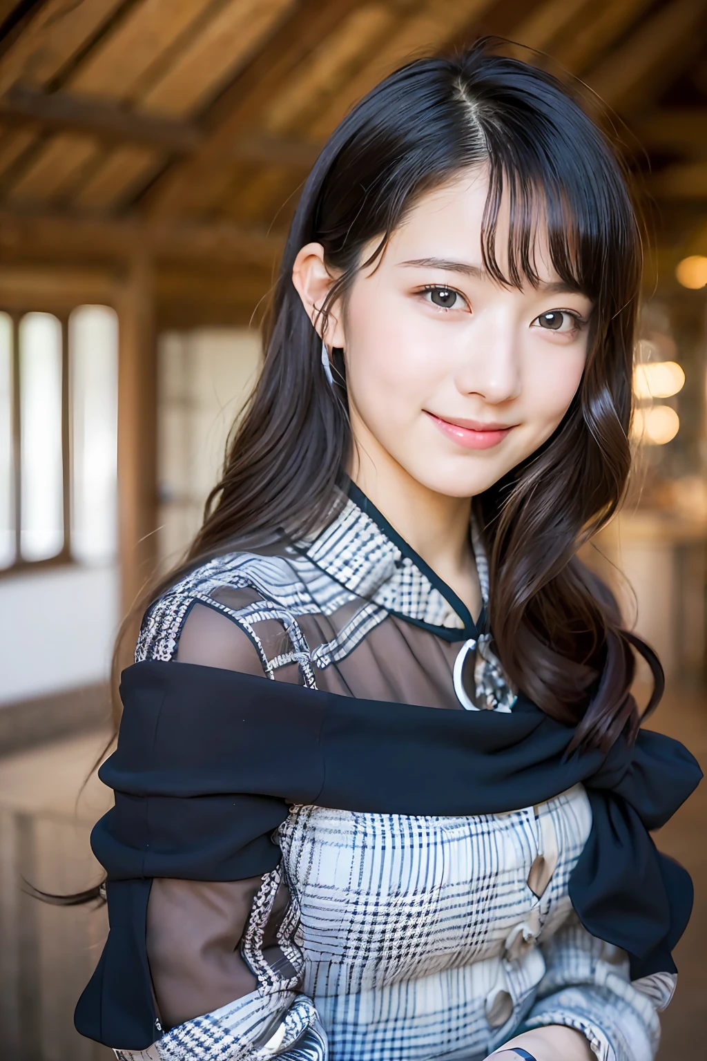(Realistic, Photorealistic: 1.37), Incredibly Ridiculous, (Insanely Detailed: 1.3), 8K, (Masterpiece), (Best Quality: 1.4), (Ultra High Definition: 1.2), (RAW Photo: 1.2), Ultra Detailed Backgrounds, (Unity 8k Wallpaper), Nogizaka Musume One, Totally Cute, ((((Bishojo: 1.35)))), ((15yo:1.4)))), ( Chiemsee Tracht), exquisitely detailed and beautiful face and eyes and skin, detailed black shining hair, big breasts, delicate and beautiful soft fabric chiem sheet racht, smiling at camera, cowboy shot, Lake Geneva landscape of Chillon Castle, professional lighting
