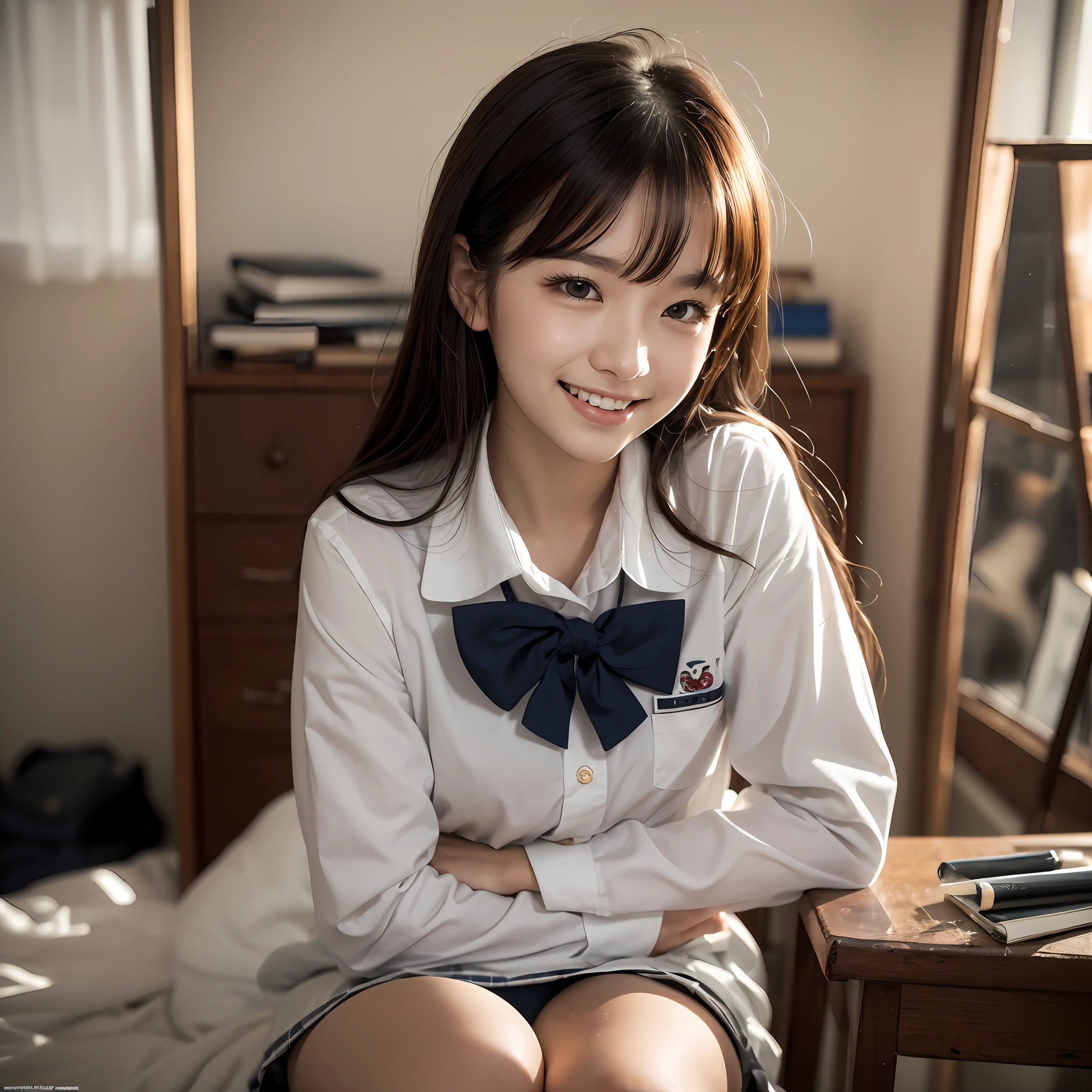 (18years old:1.2),(insincere laugh:1.2),(looking away:1.3),8k,RAW portrait of japanese girl,photorealistic,ultra high res,best quality,
BREAK
(school uniform:1.2),(from below:1.2),sitting on chair,crossed arms,(panty shot:1.2),(messy room:1.4)
BREAK
(natural skin texture,detailed skin, hyperrealism,ultra sharpness),intricate details,Depth of field, dim lighting,韓国アイドル、乃木坂アイドル、グラビアアイドル、女優、fashion model posing