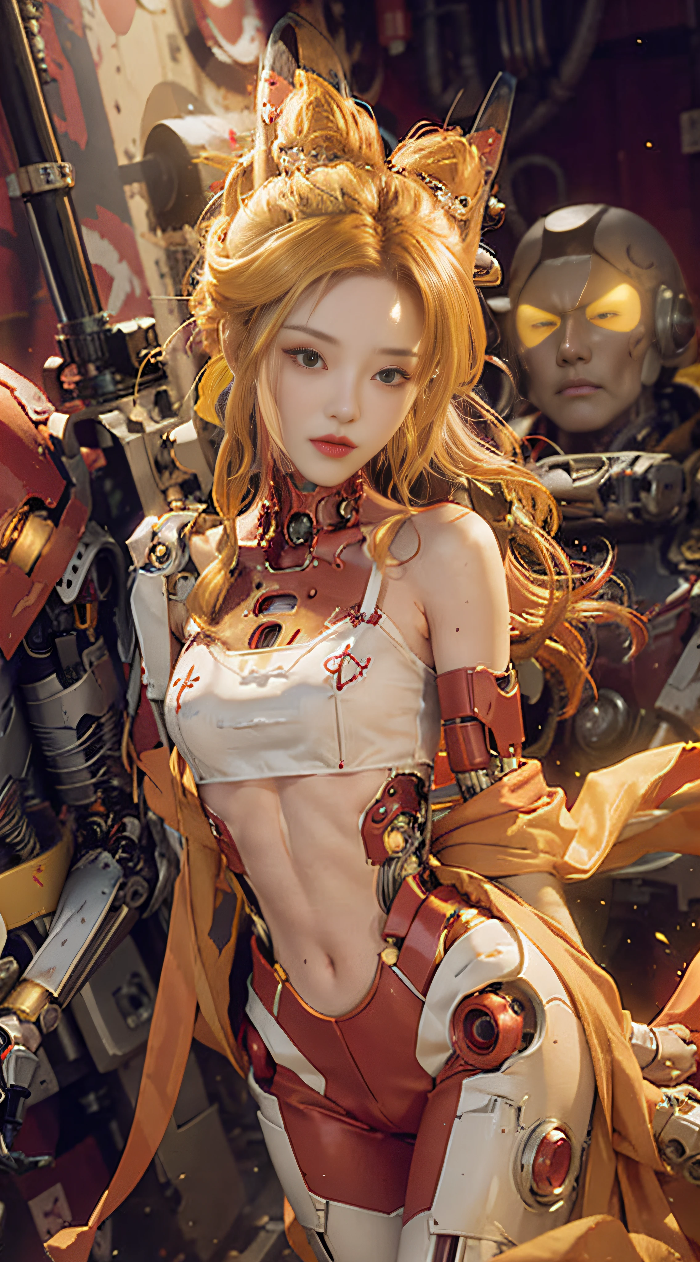 A mecha girl with a delicate and beautiful face, ((red and white cyborg body: 1.8)) masterpiece, best quality, Goku, Super Saiyan, yellow hair