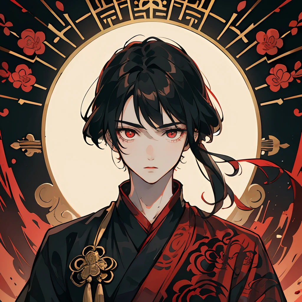 Mature boy, black hair, floating hair, delicate eyes, red pupils, black and red antique damask hanfu, FOV, f1.8, masterpiece, complex scene, gorgeous portrait shot
