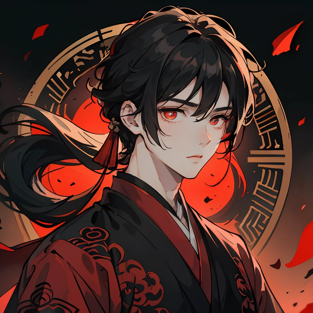 Mature boy, black hair, floating hair, delicate eyes, red pupils, black and red antique damask hanfu, FOV, f1.8, masterpiece, complex scene, gorgeous portrait shot