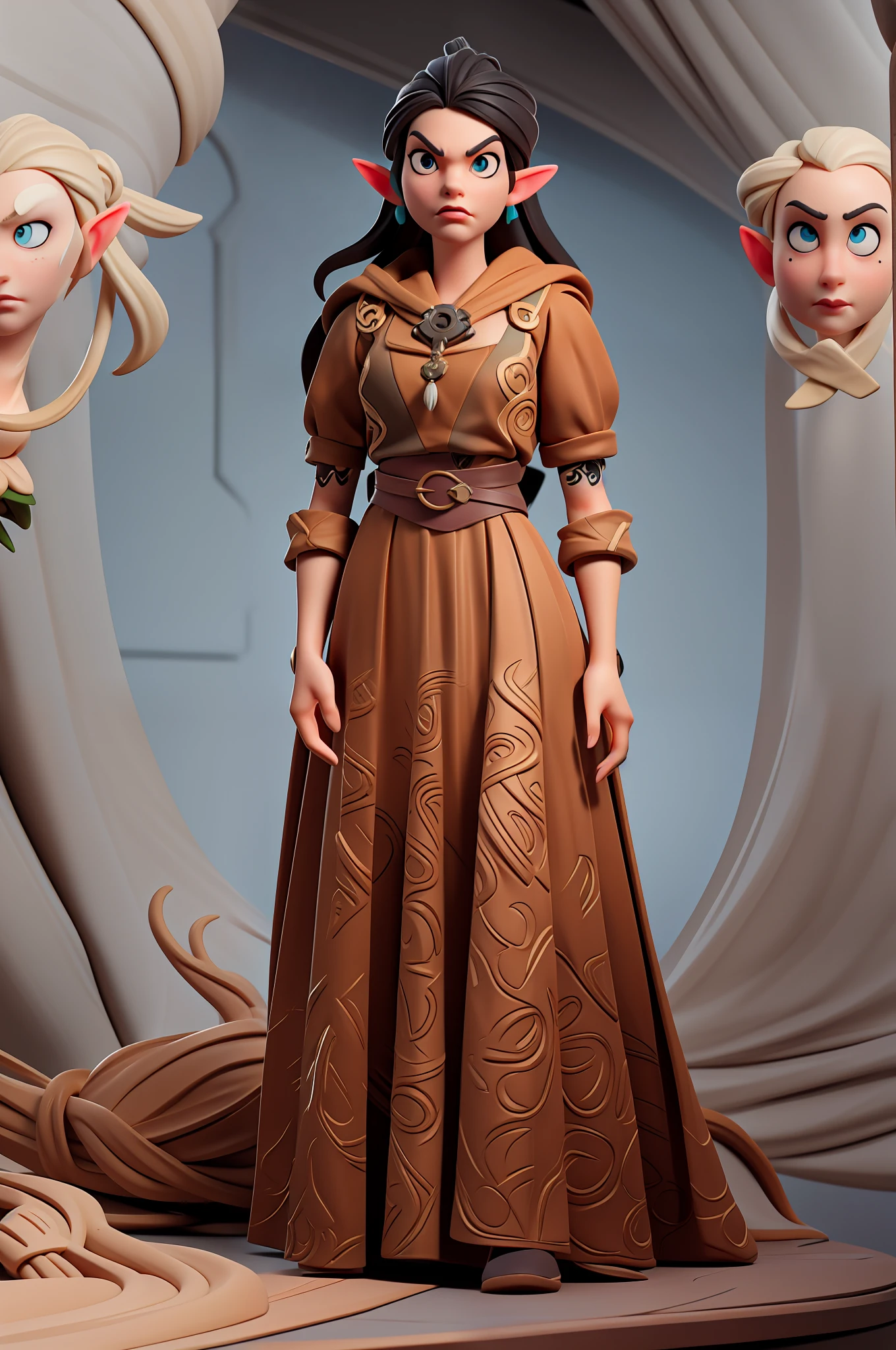 (Masterpiece), (Excellent), (Super Meticulous), (Full Body: 1.2), realistic and proportional human body:1.2, gorgeous Woman, Female beautiful elf:1.5, tall and slender, small breasts, thin waist, thick tighs, elegant lady, black hair stylized in a high high bun:1.5, solo:1.5, 1girl, hyper detailed medieval long black dress:1.8, nouble, big realistic amber eyes:1.2,  hyper detailed face, d&d iconic character, hyper natural realistic skin, herbal tattoos on her neck,Very Clean Face, Confident and proud facial expression, 3D character design, CGI extreme detailed wallpaper digital art, cartoon style correct anatomy, octane render, fierce expression on her face, volumetrics