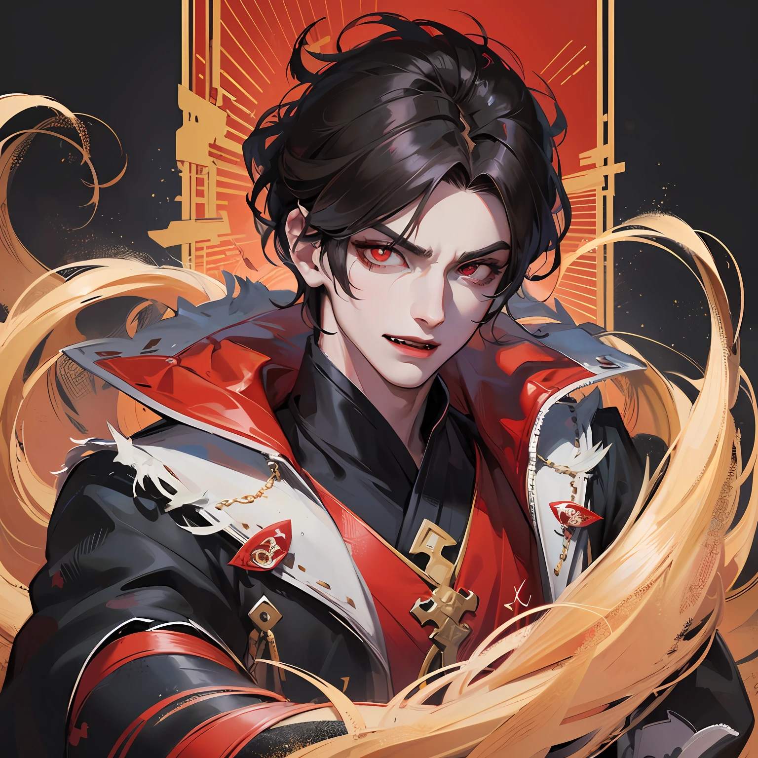 Best Quality, Superb Quality, 8K, Masterpiece: 1.2, Male, Ultra Detailed, Beautiful Character Painting, Vampire, Red Fangs, Black Hanfu, Serious, 6 , Extremely Detailed Finger Drawing, Vampire, Epic Exquisite Character Art, Ultra-detailed Clothing Details, Light Red Eyes,